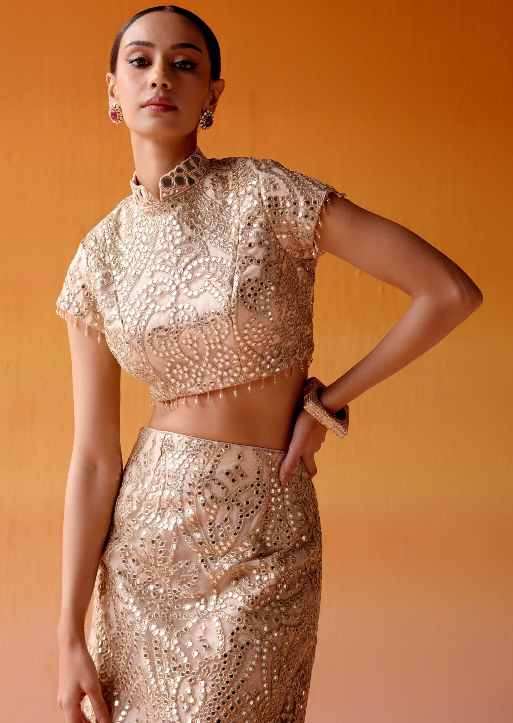 Long Slit Skirt With High Neck Blouse