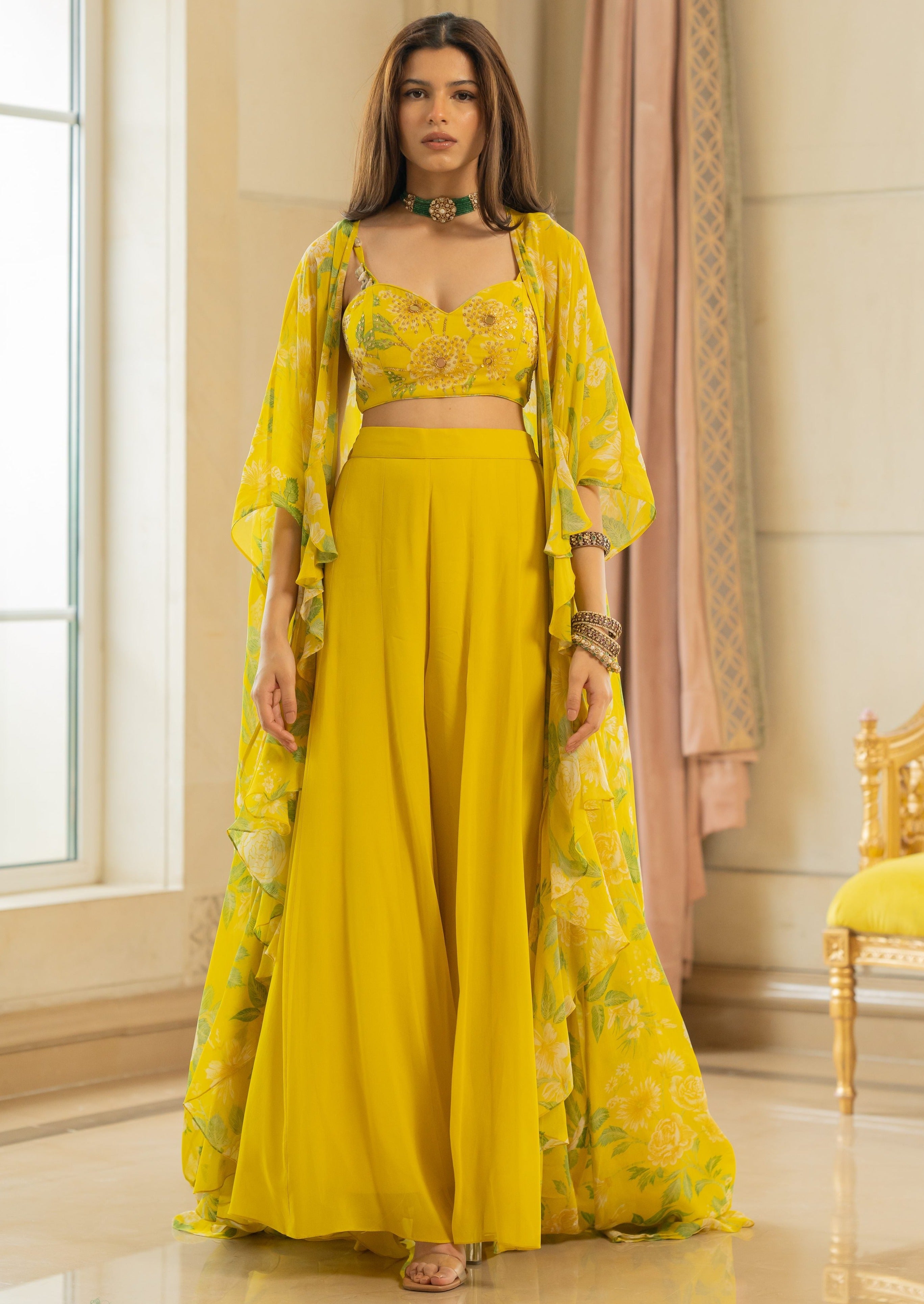 Lime Yellow Floral Printed Drama Jacket Set