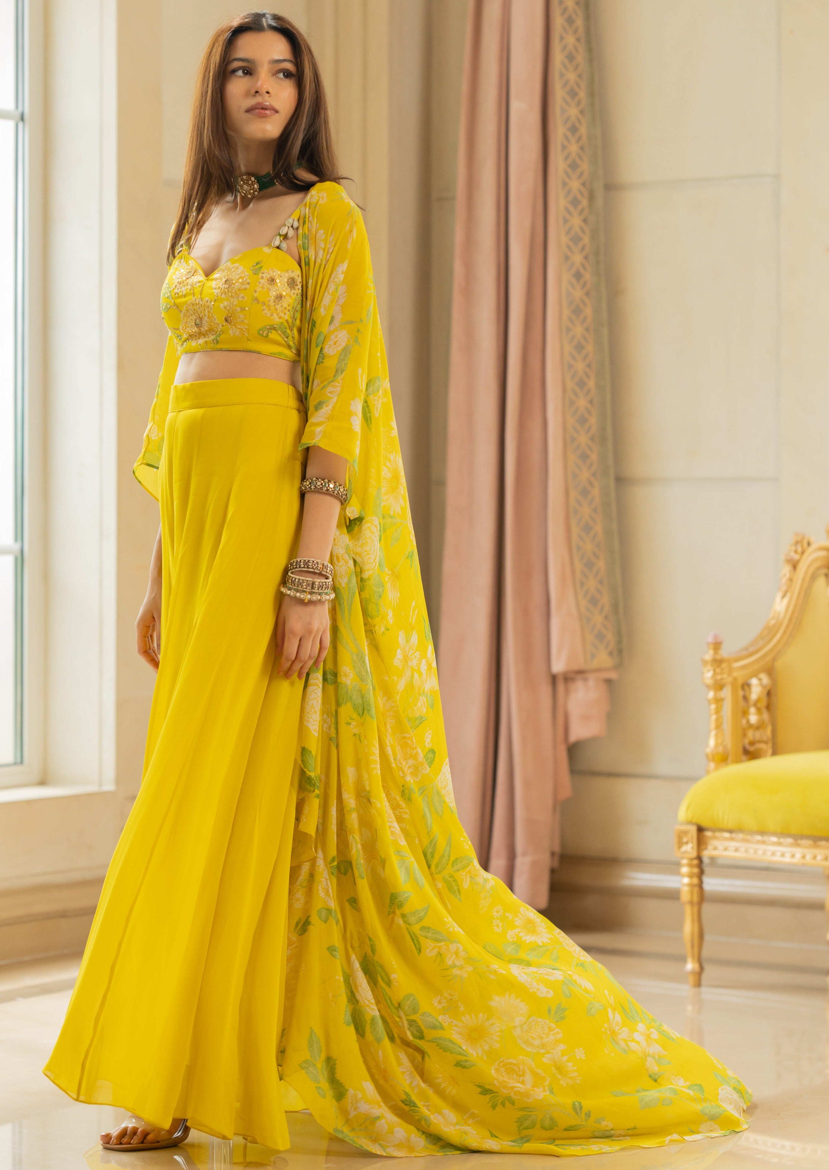 Lime Yellow Floral Printed Drama Jacket Set