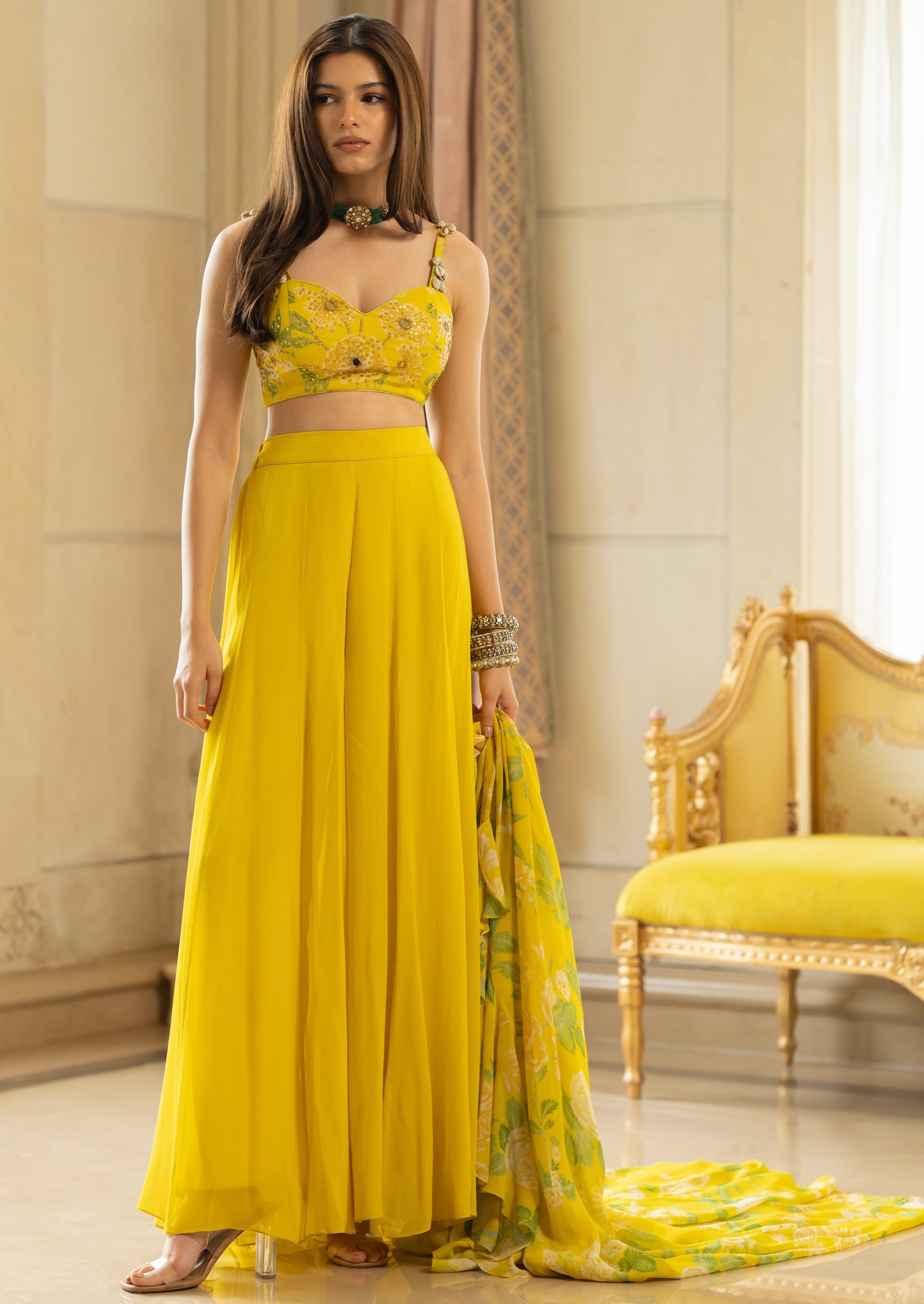 Lime Yellow Floral Printed Drama Jacket Set