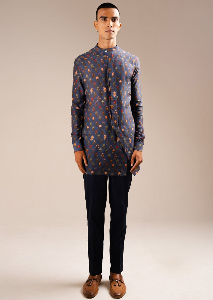 Navy Flora Side Slit Kurta Pajama Set