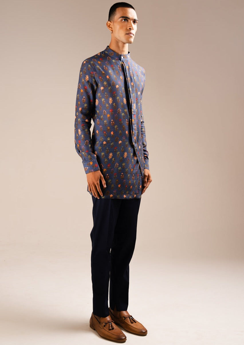Navy Flora Side Slit Kurta Pajama Set