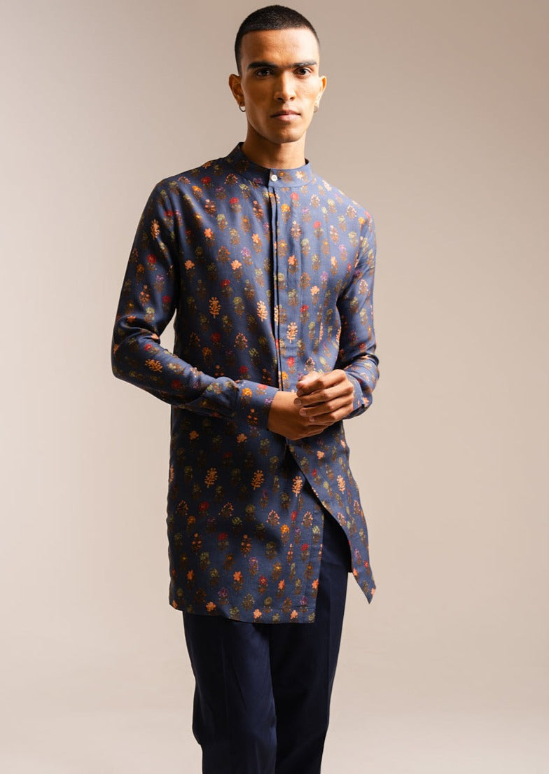 Navy Flora Side Slit Kurta Pajama Set