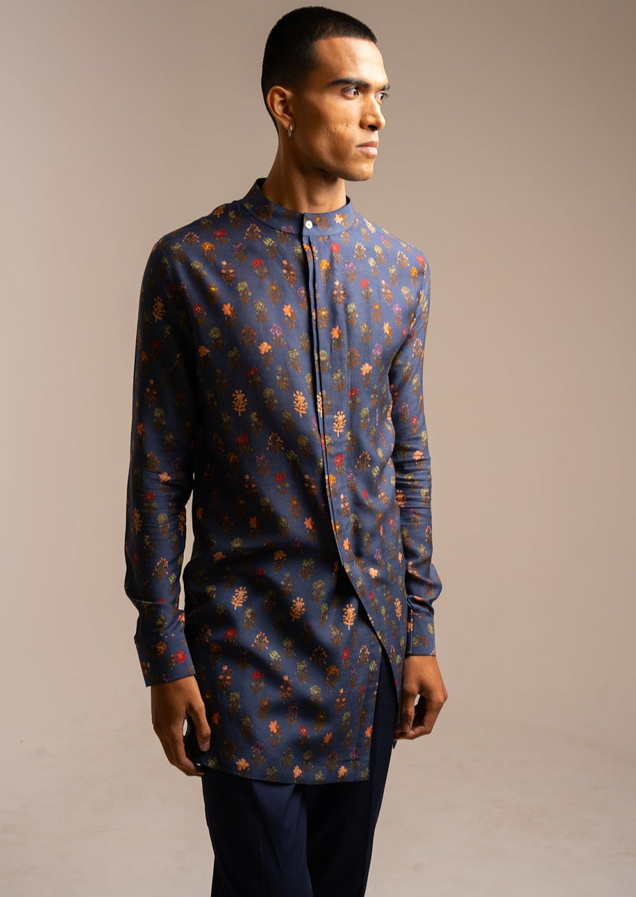 Navy Flora Side Slit Kurta Pajama Set
