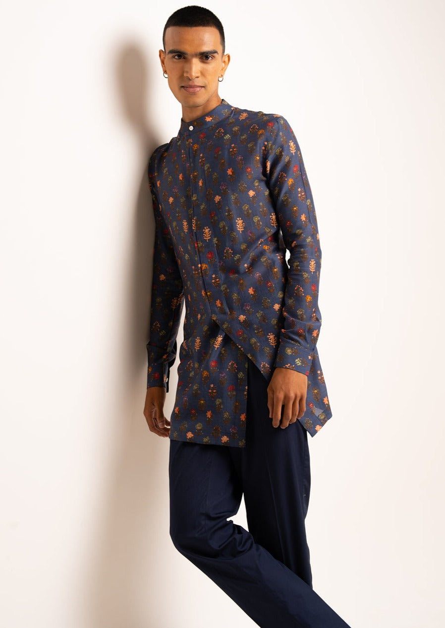 Navy Flora Side Slit Kurta Pajama Set