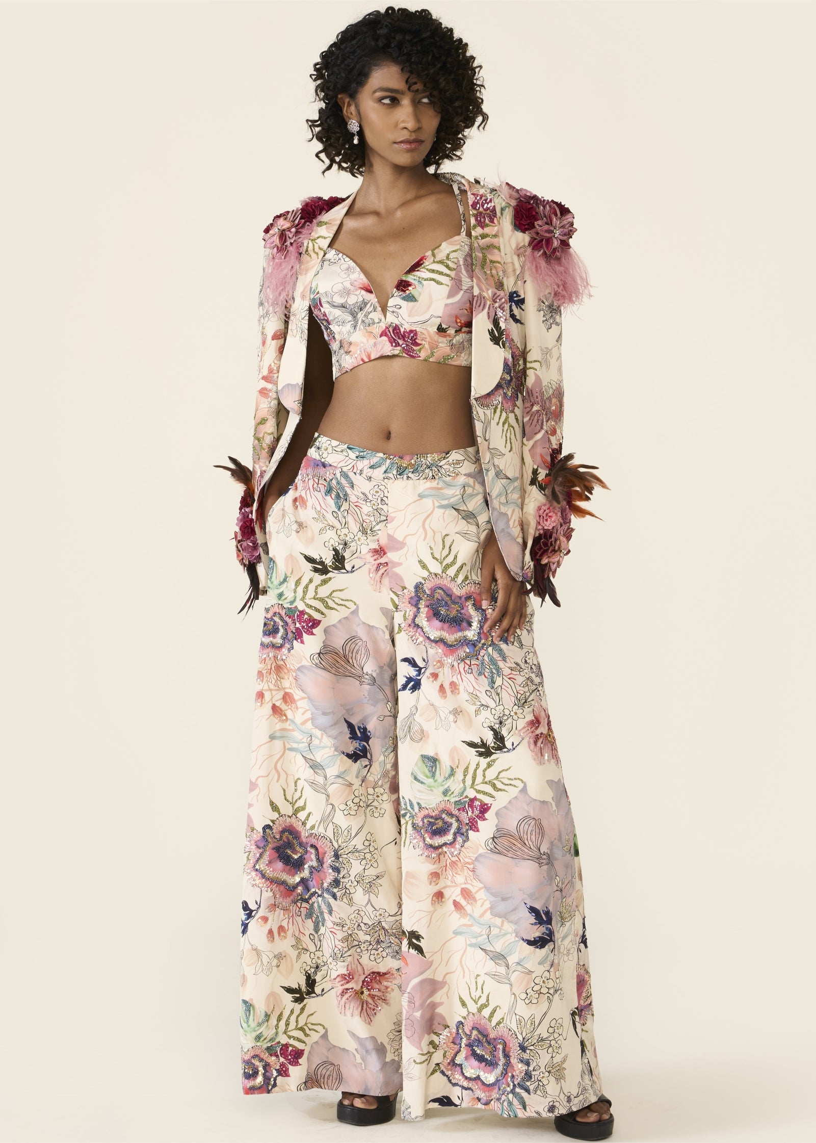 Ivory Printed Short Jacket Set