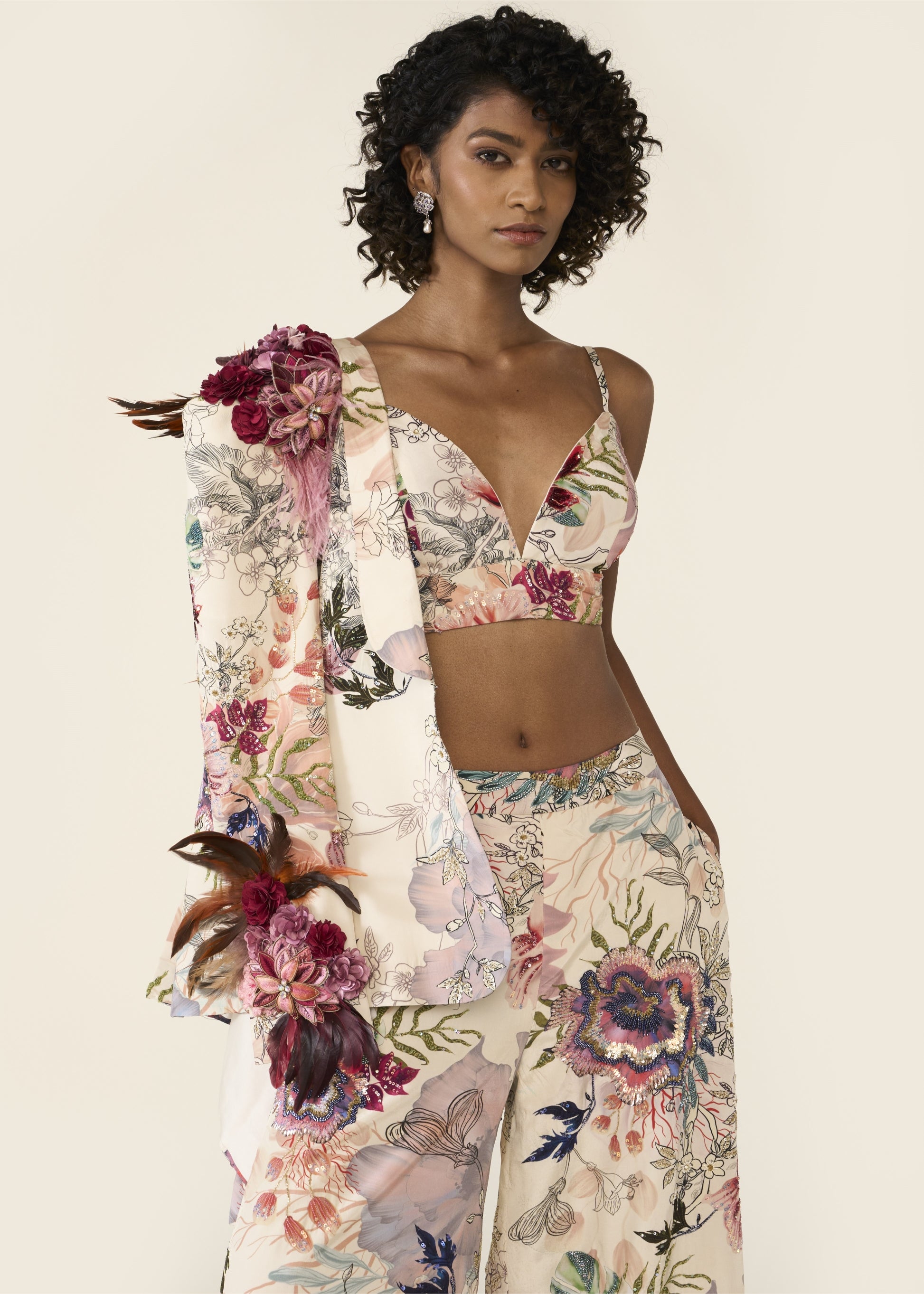 Ivory Printed Short Jacket Set