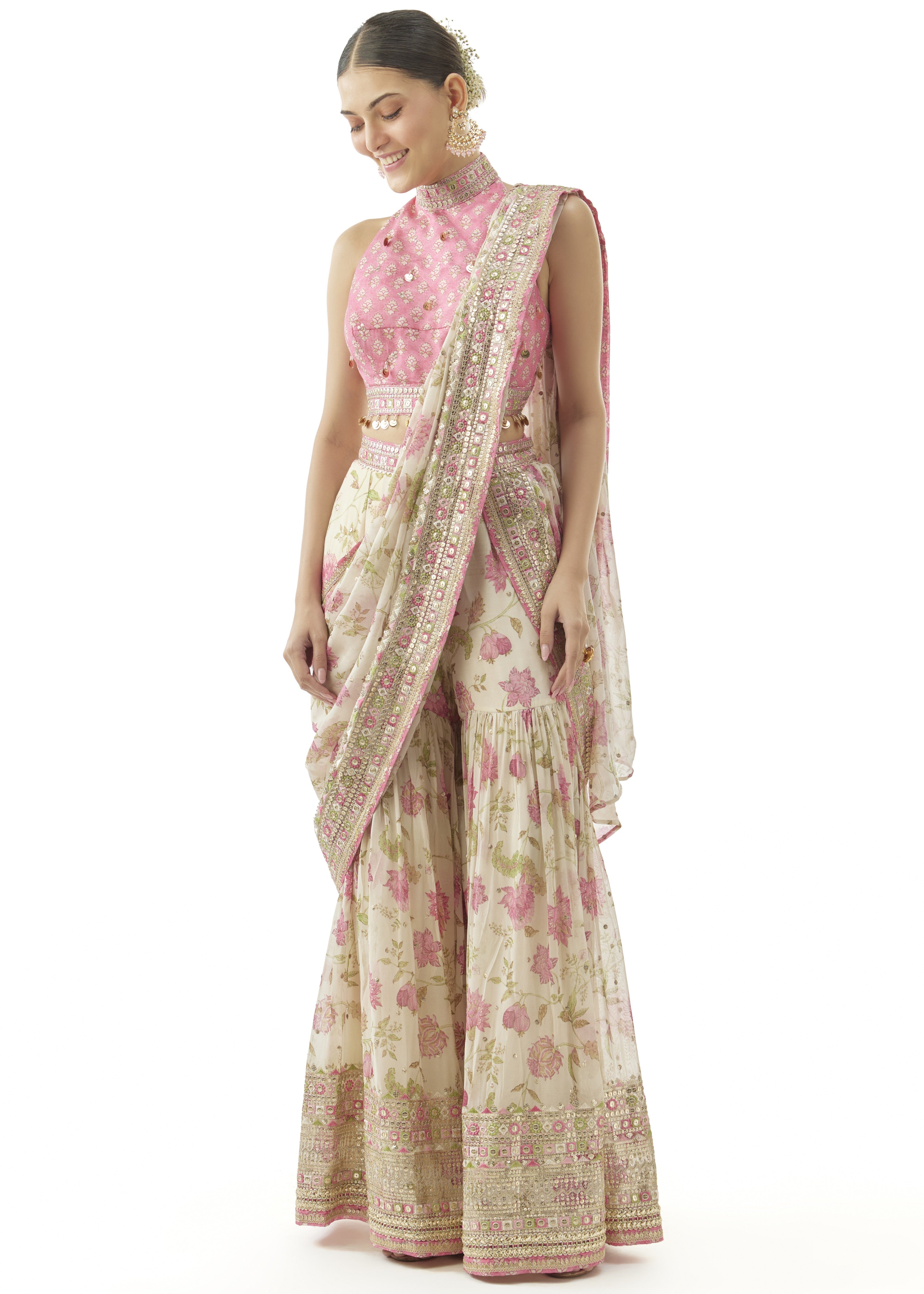 Ivory Pakhi Sharara Sari Set