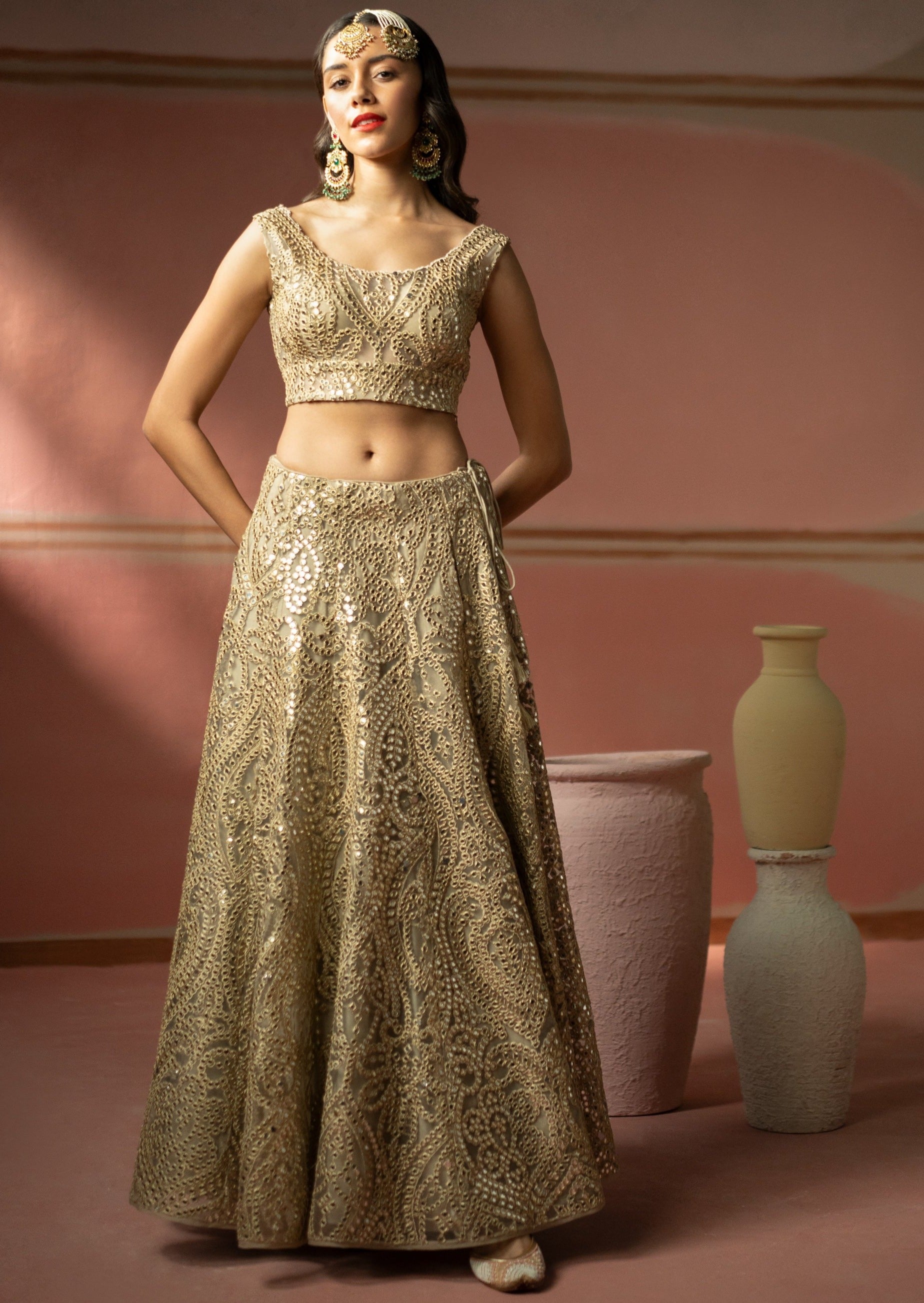 Golden Zari Mirrorwork Lehenga Set