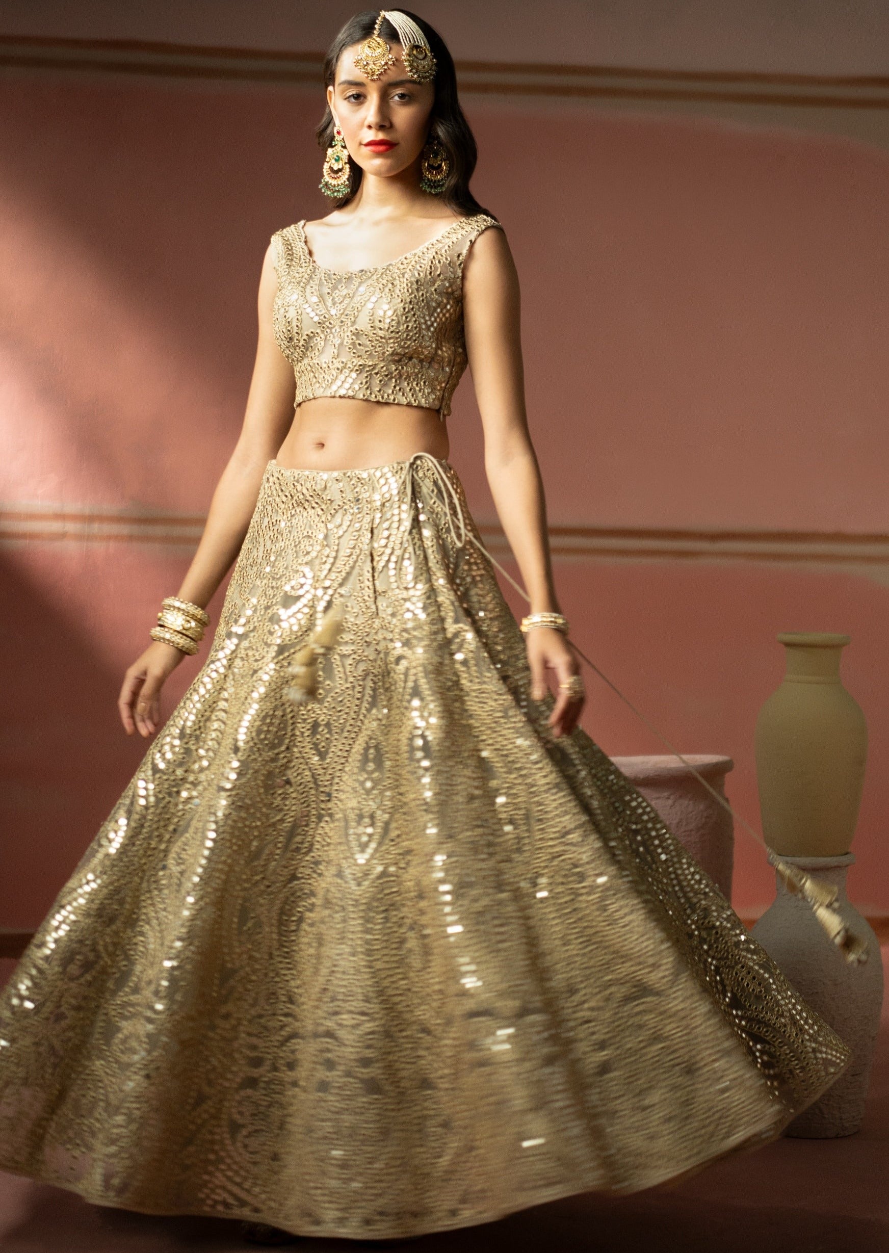 Golden Zari Mirrorwork Lehenga Set