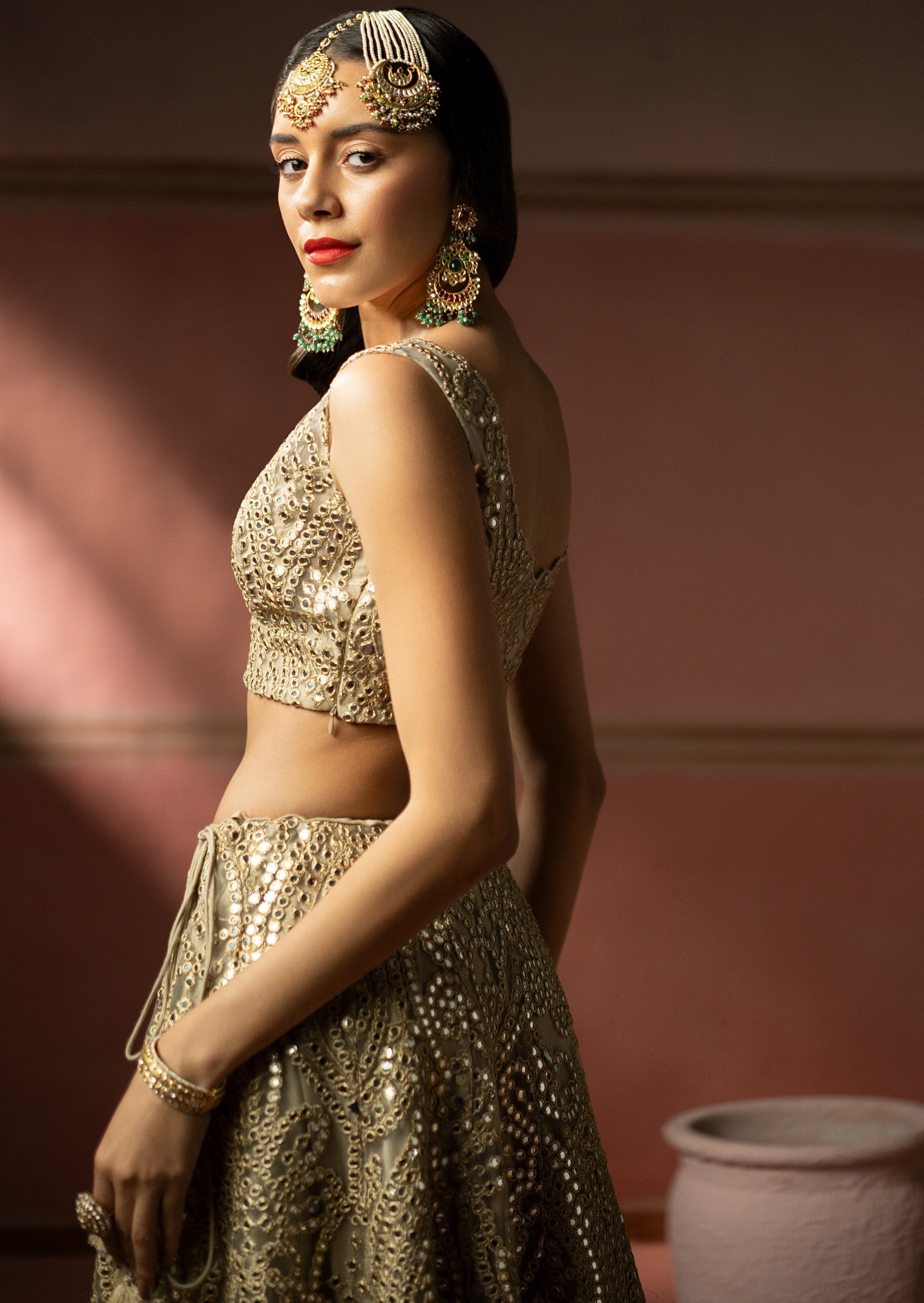 Golden Zari Mirrorwork Lehenga Set