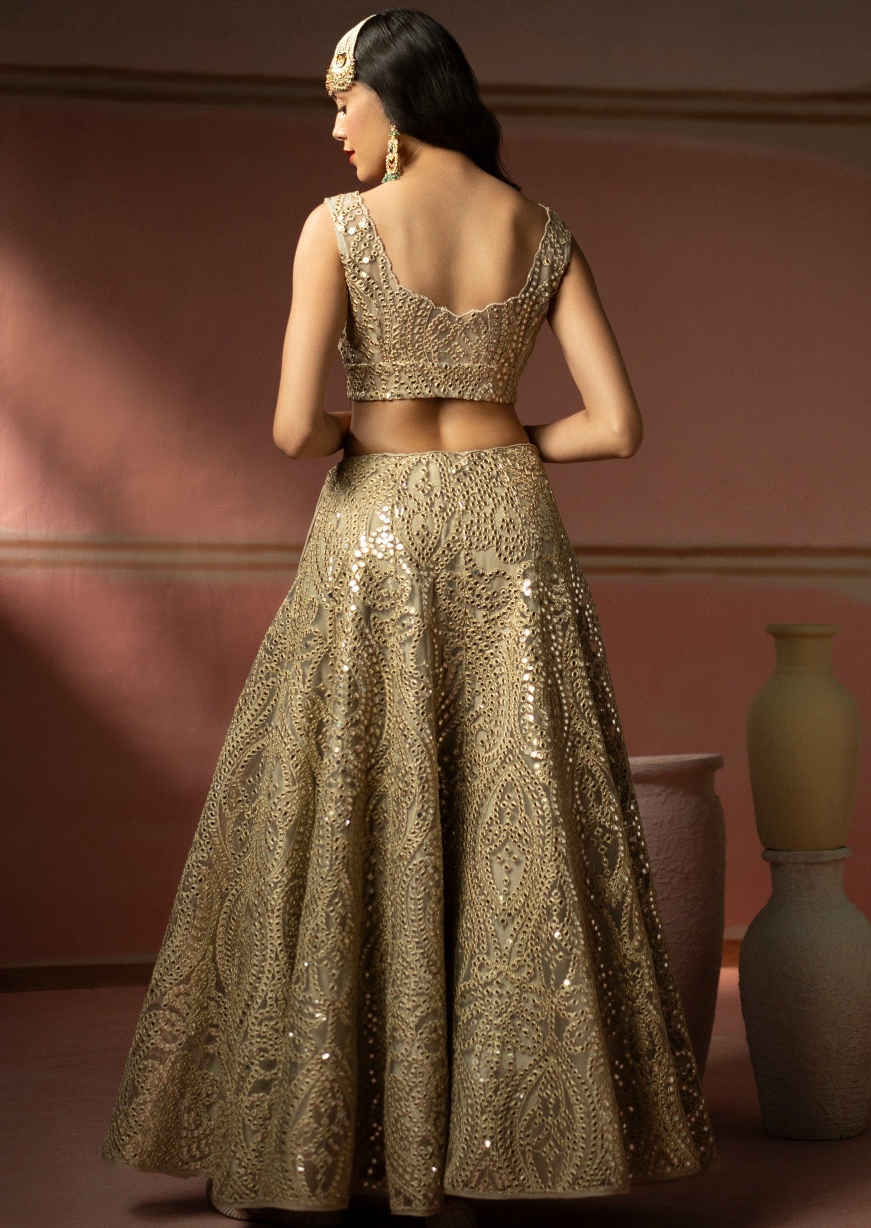 Golden Zari Mirrorwork Lehenga Set
