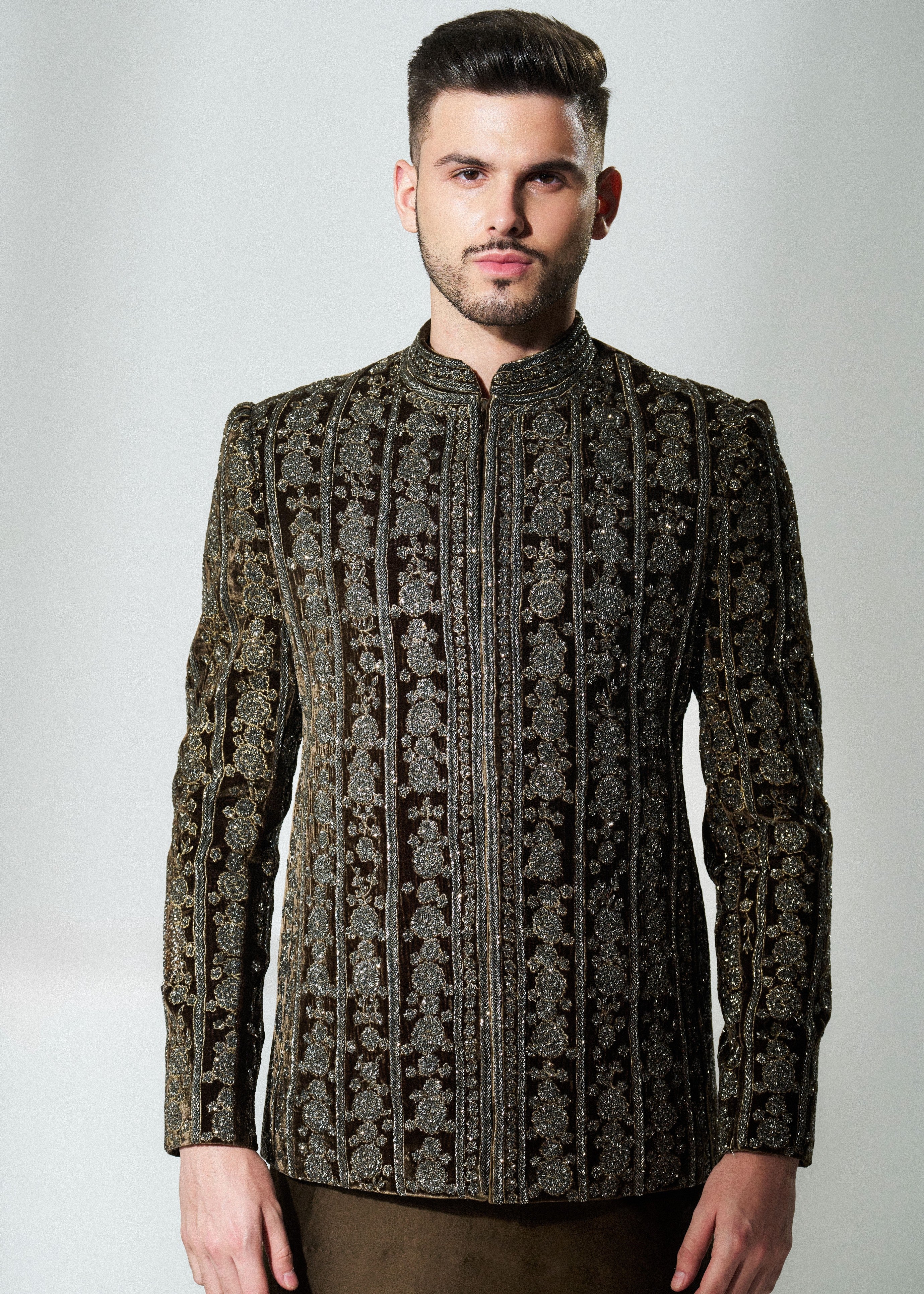 Coffee Brown Velvet Bandhgala Set