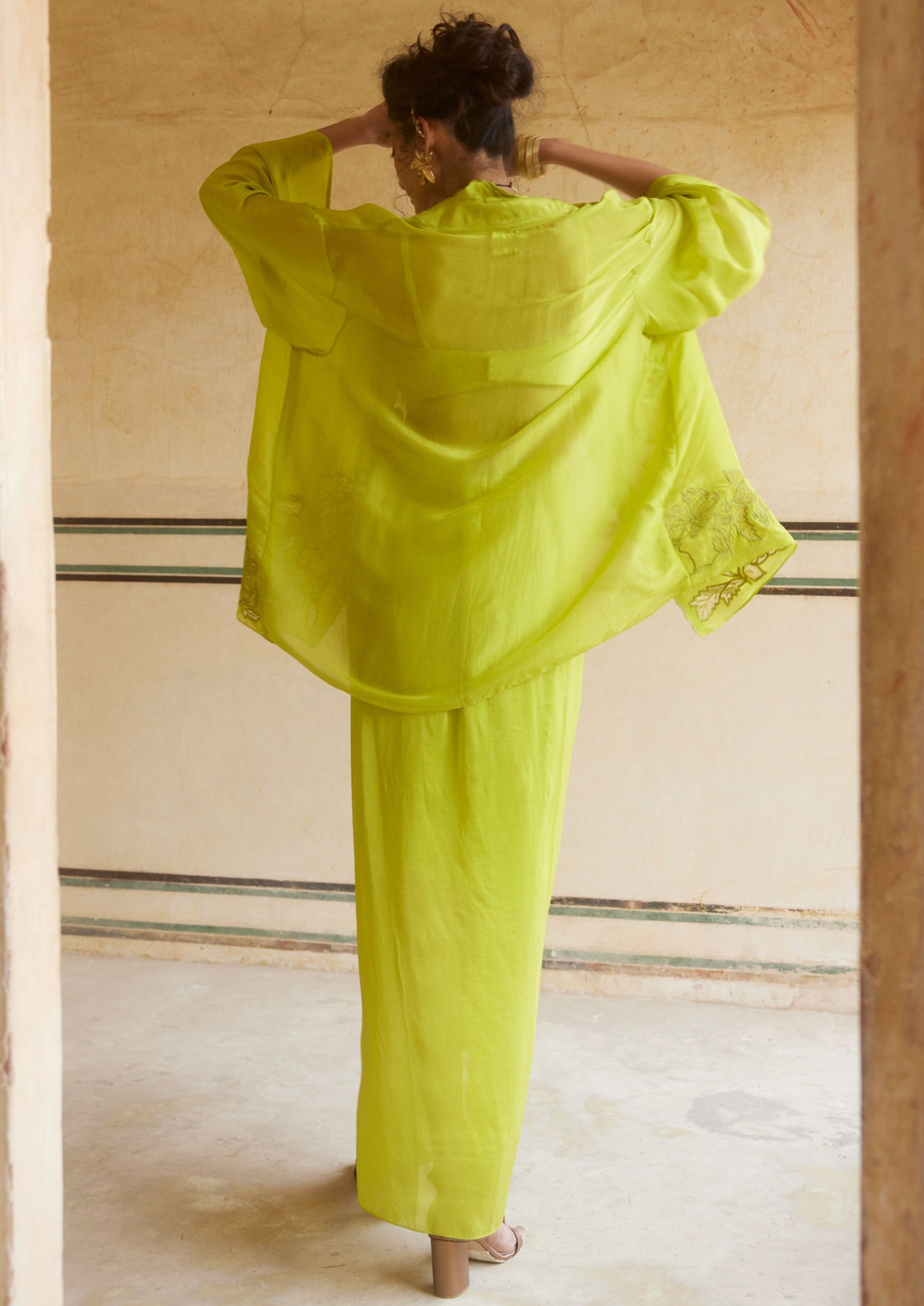 Lemon Yellow Silk Organza Cape Set