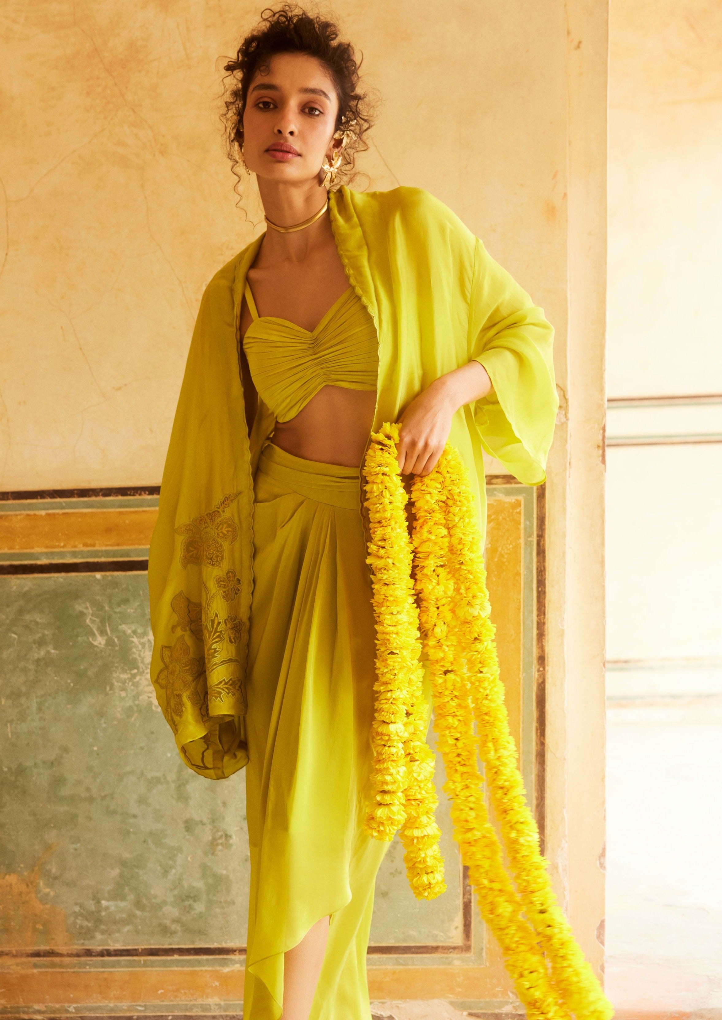 Lemon Yellow Silk Organza Cape Set