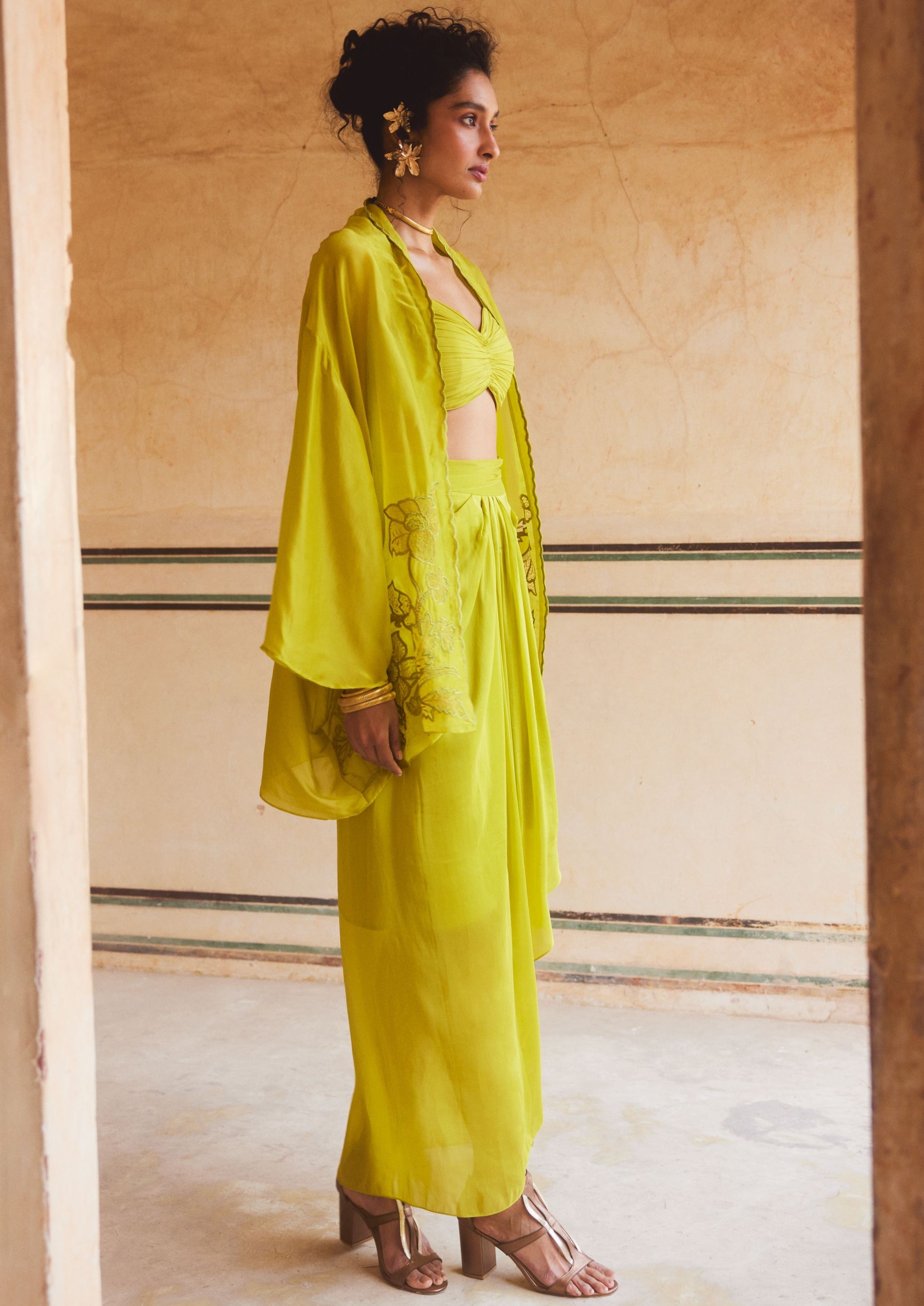 Lemon Yellow Silk Organza Cape Set