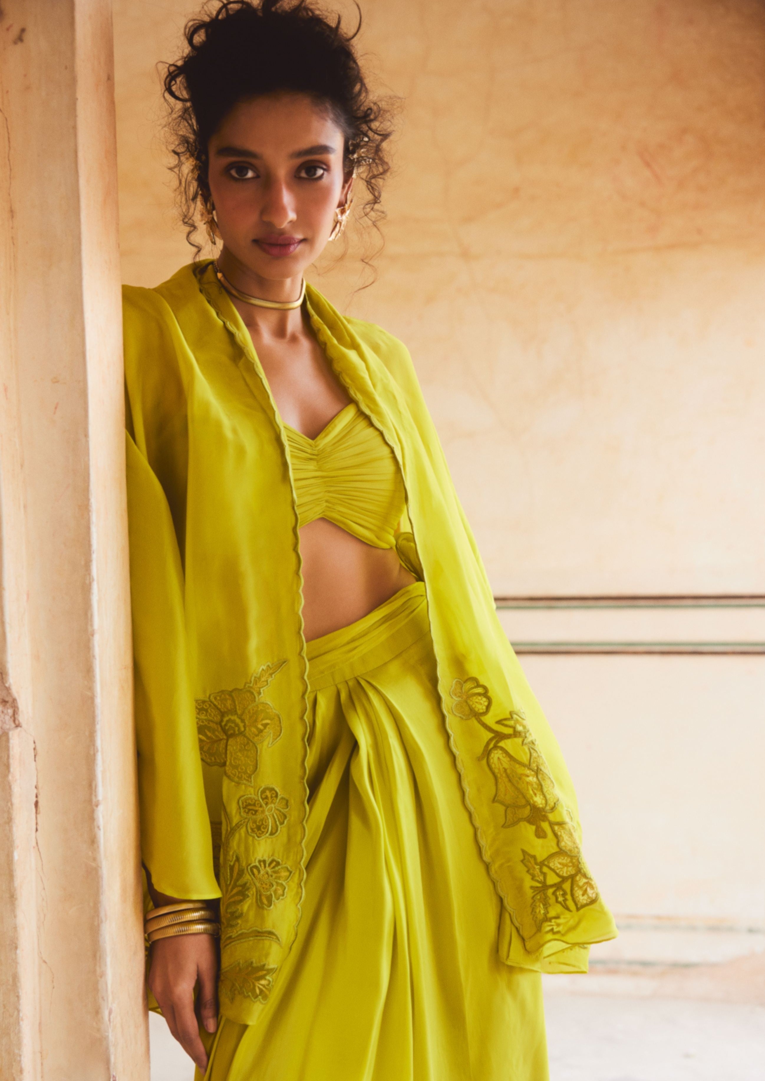 Lemon Yellow Silk Organza Cape Set