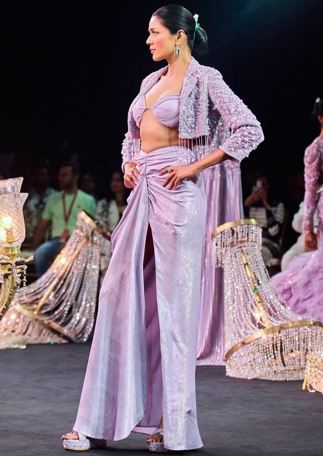 Lilac Foil Print Draped Slit Skirt Set