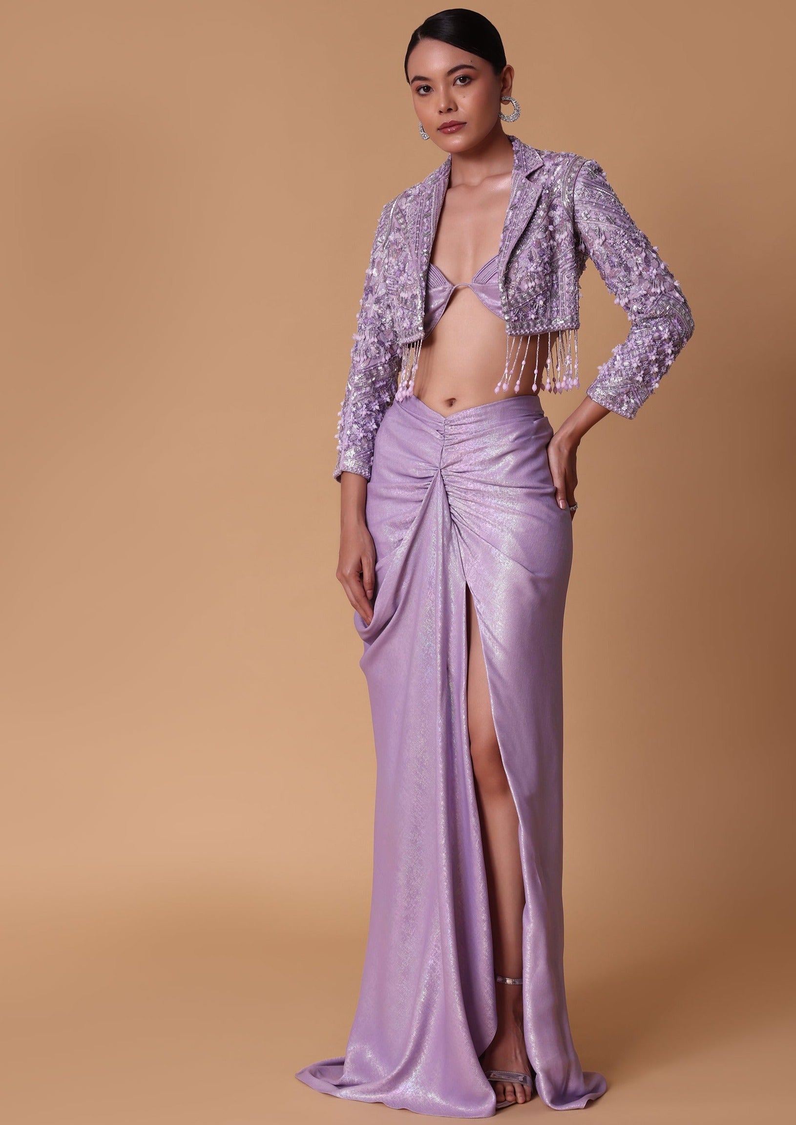 Lilac Foil Print Draped Slit Skirt Set