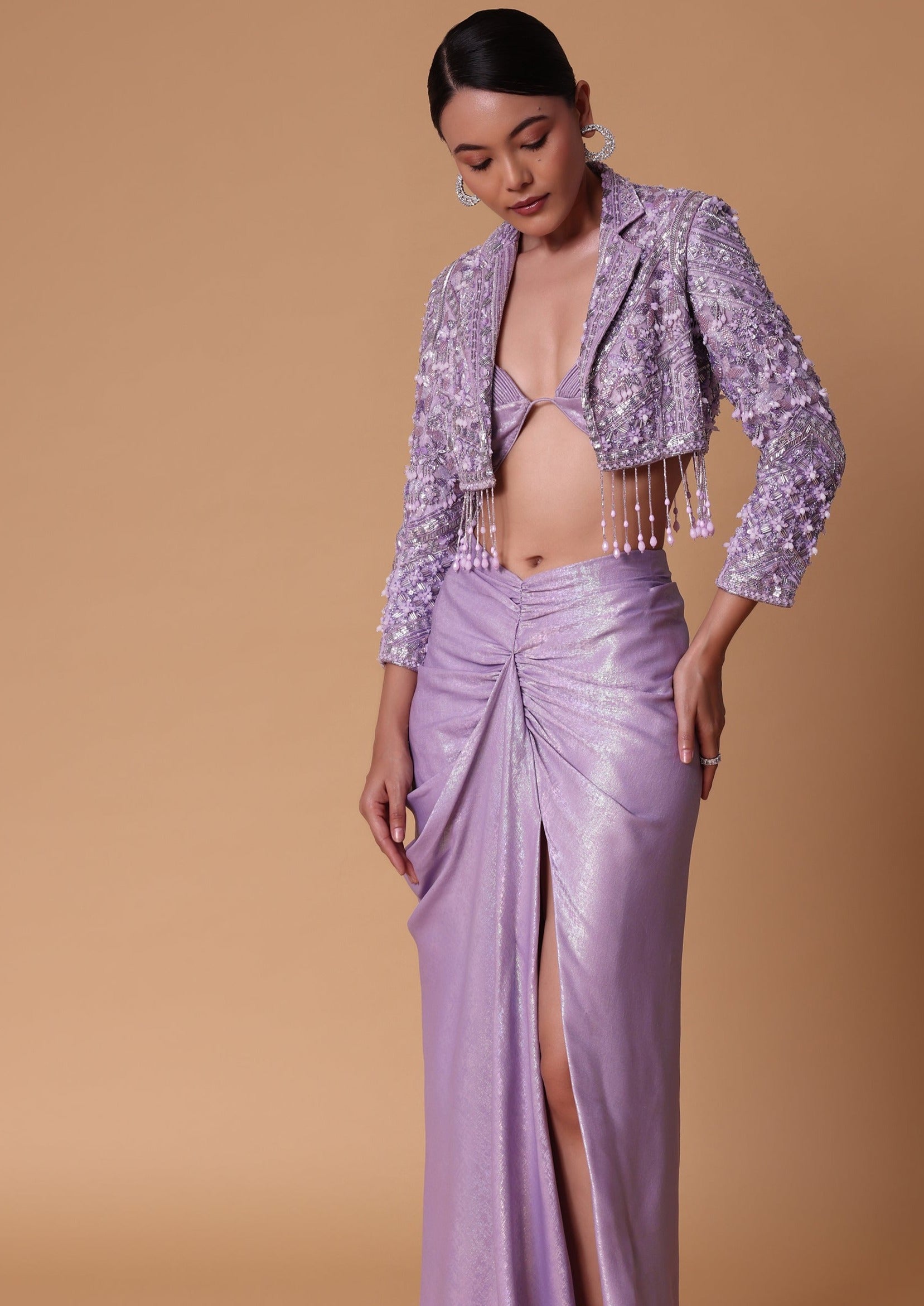 Lilac Foil Print Draped Slit Skirt Set