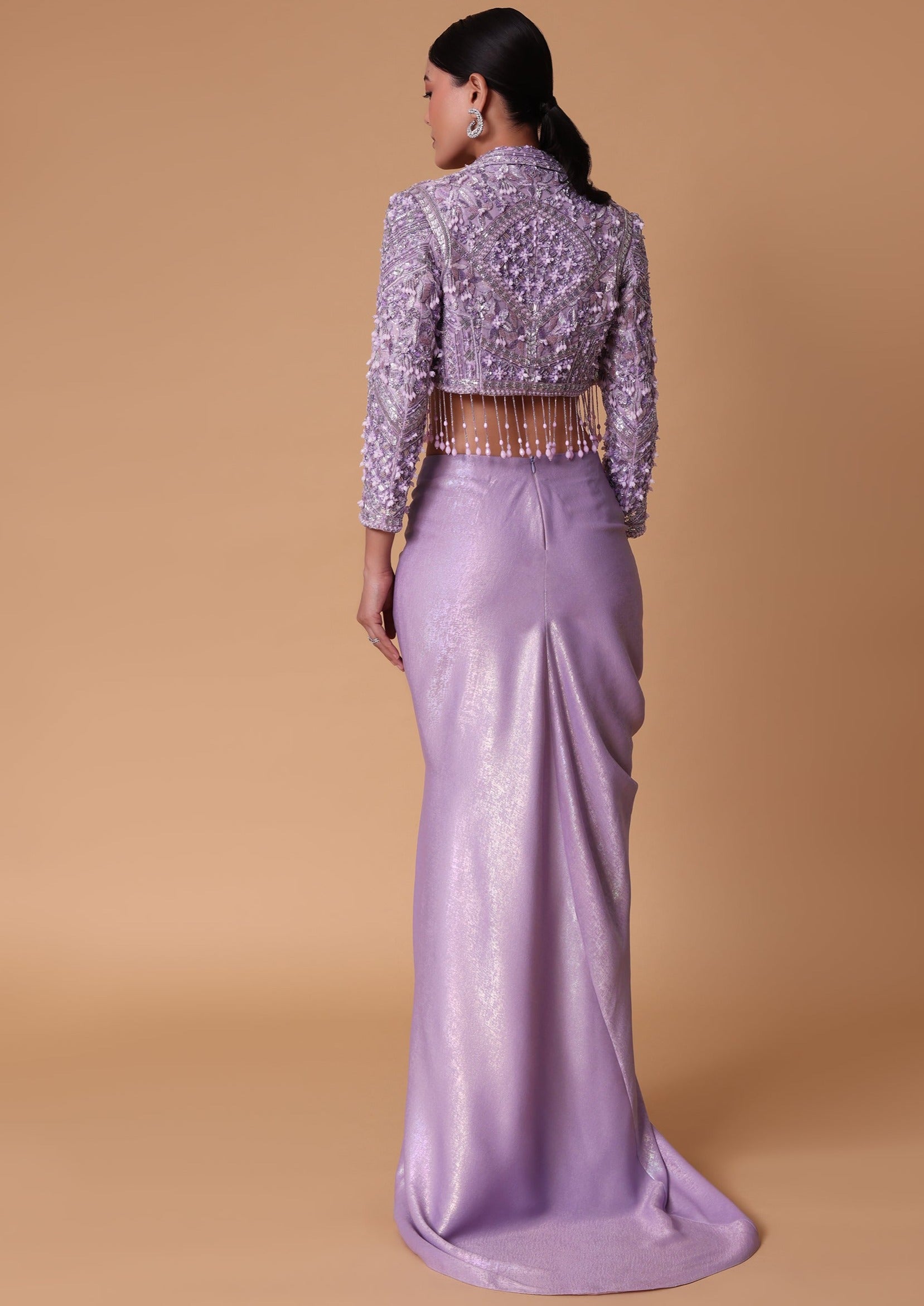 Lilac Foil Print Draped Slit Skirt Set
