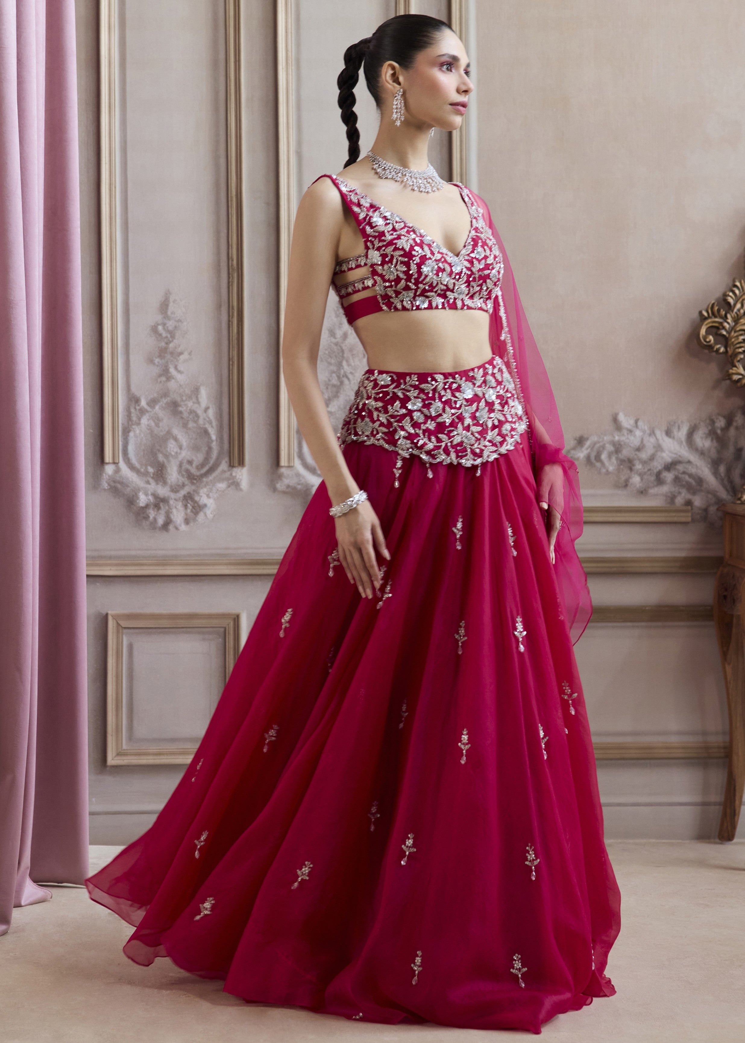 Magenta Organza Lehenga With Embroidered Belt