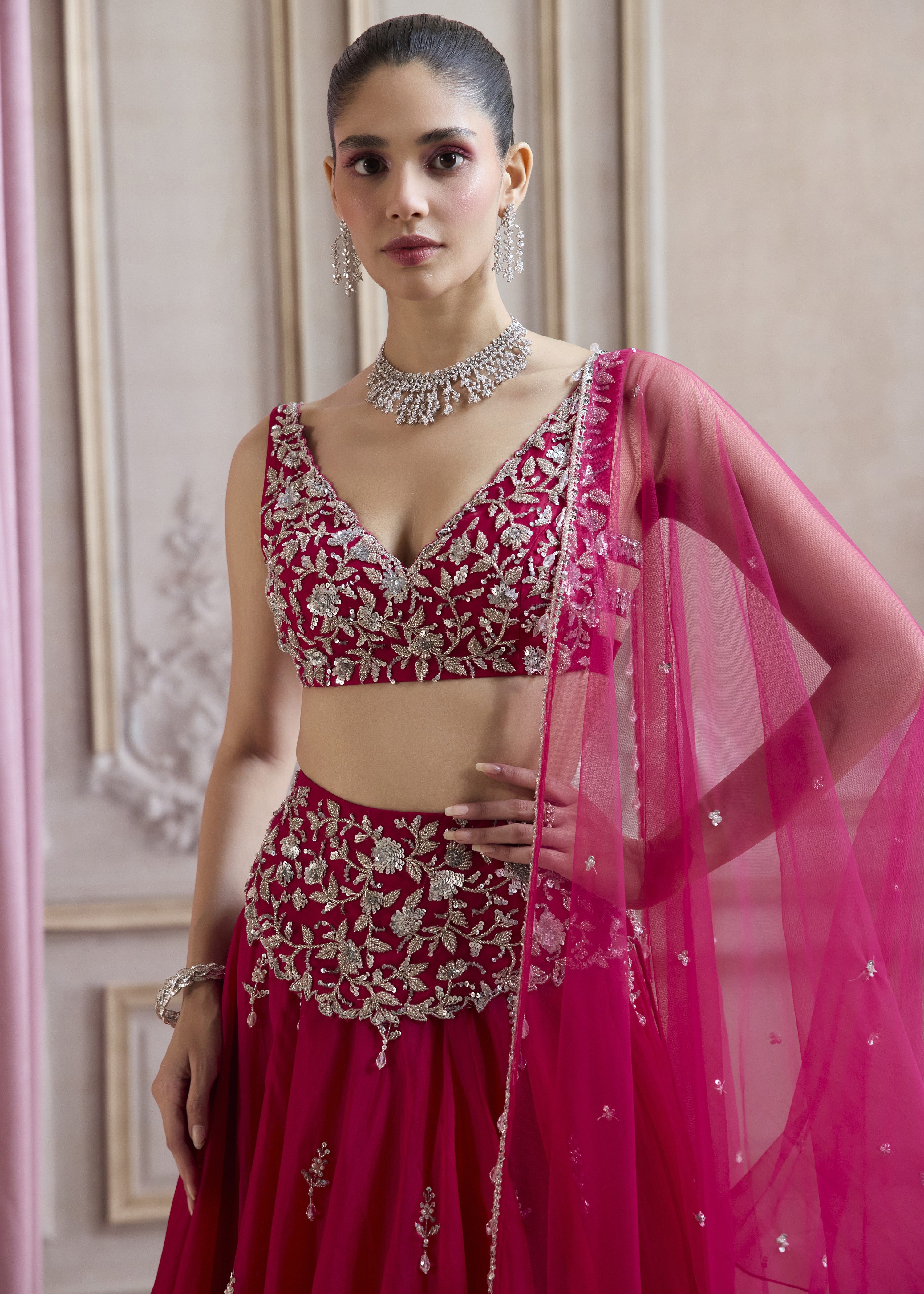 Magenta Organza Lehenga With Embroidered Belt