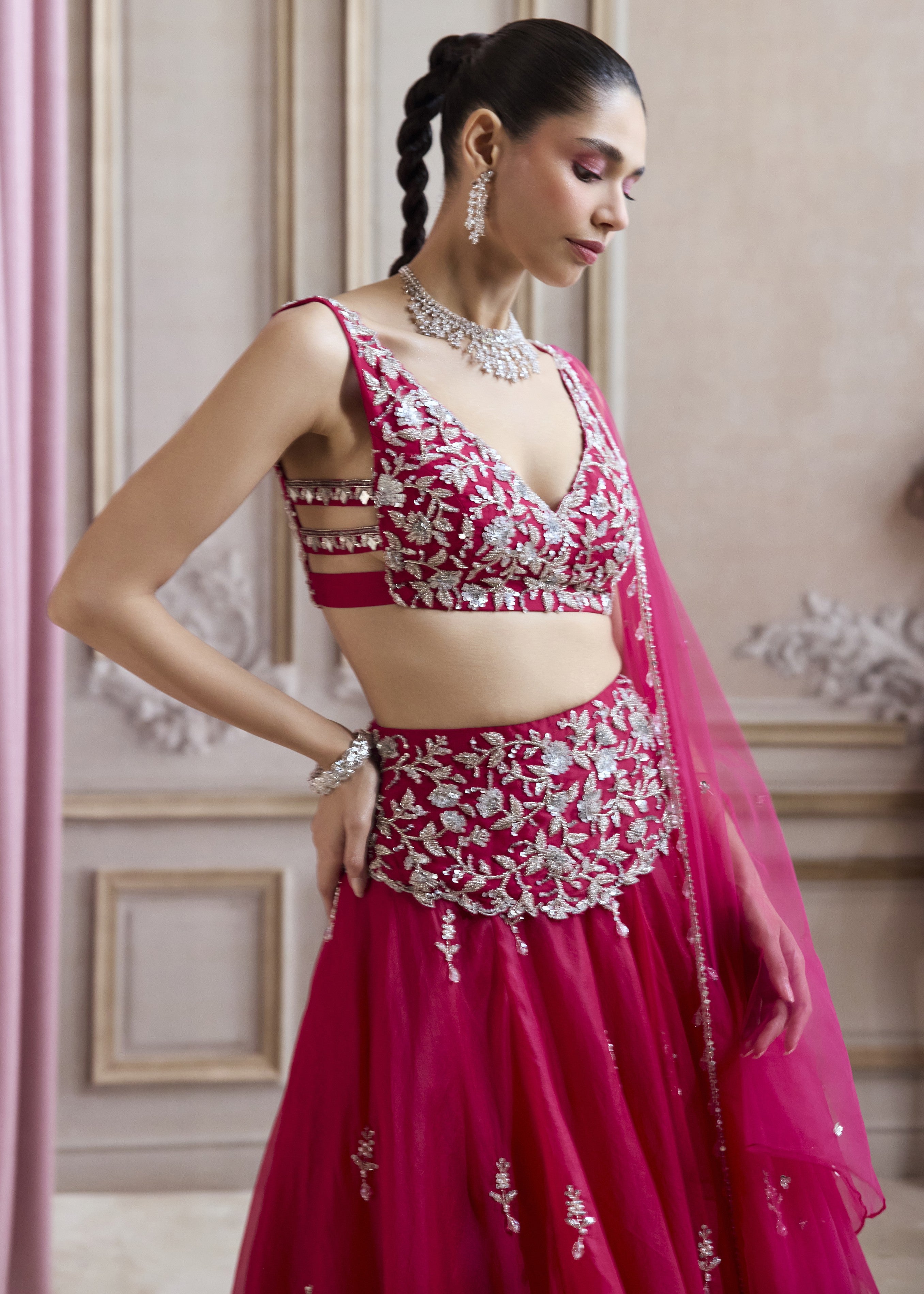 Magenta Organza Lehenga With Embroidered Belt