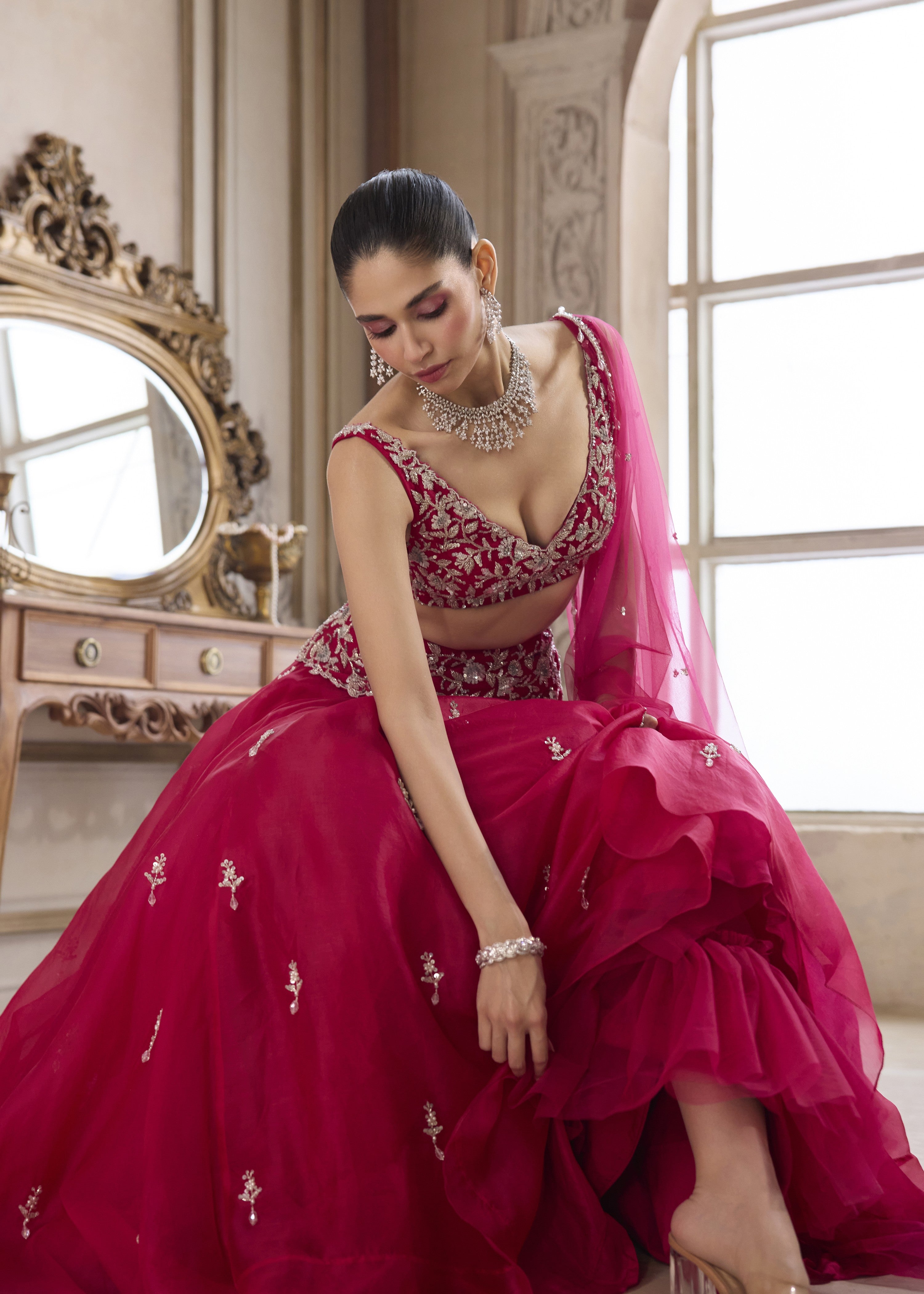 Magenta Organza Lehenga With Embroidered Belt