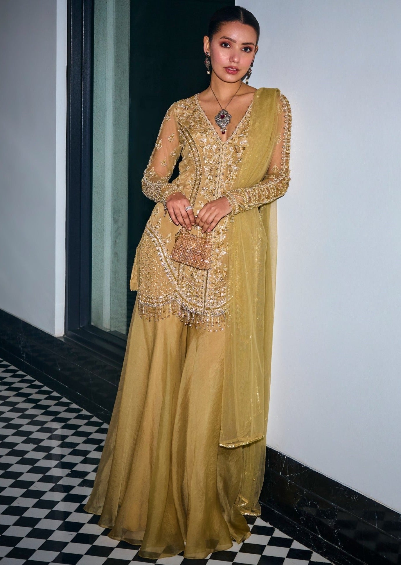Gold Tonal Embroidered Sharara Set