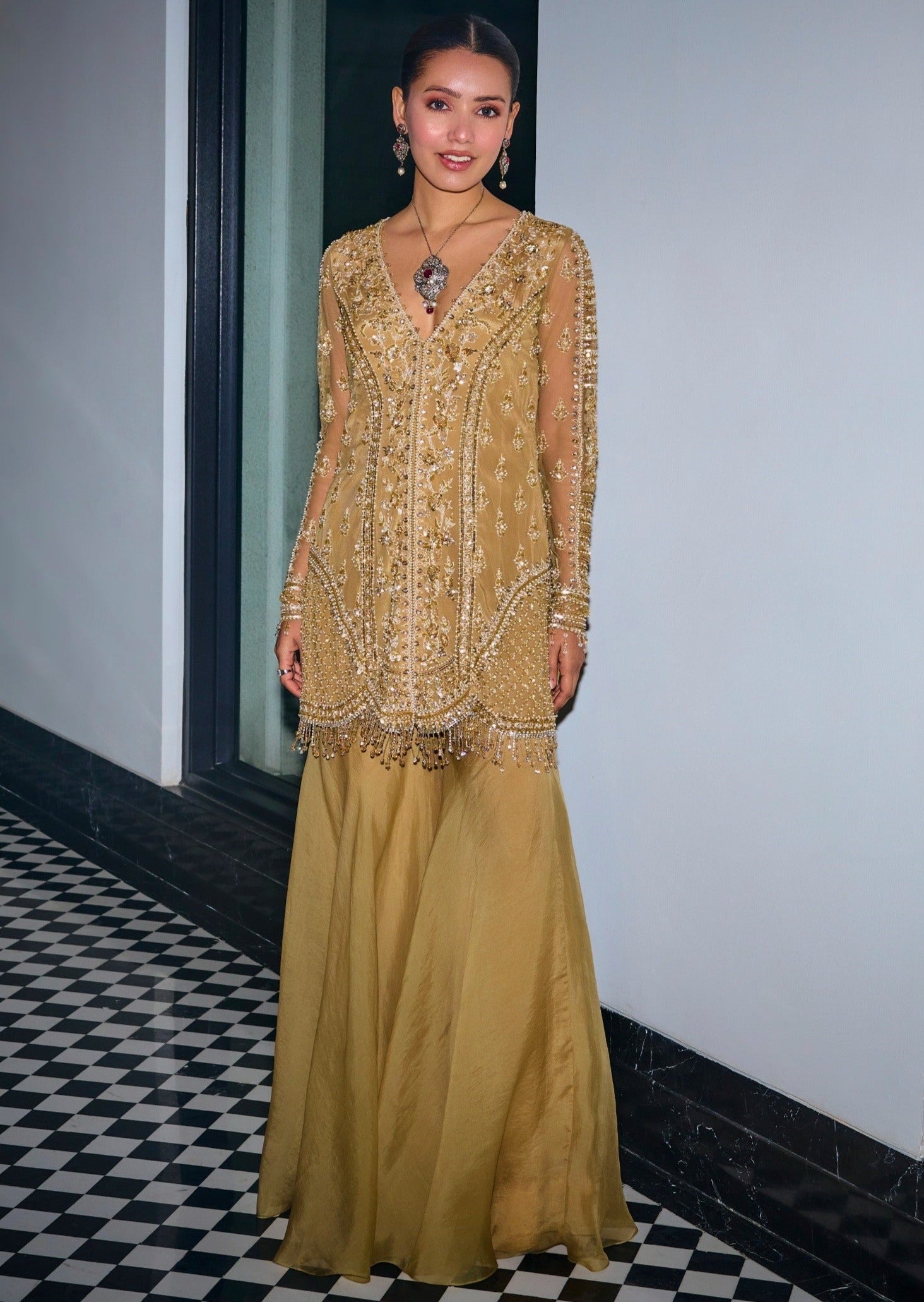 Gold Tonal Embroidered Sharara Set