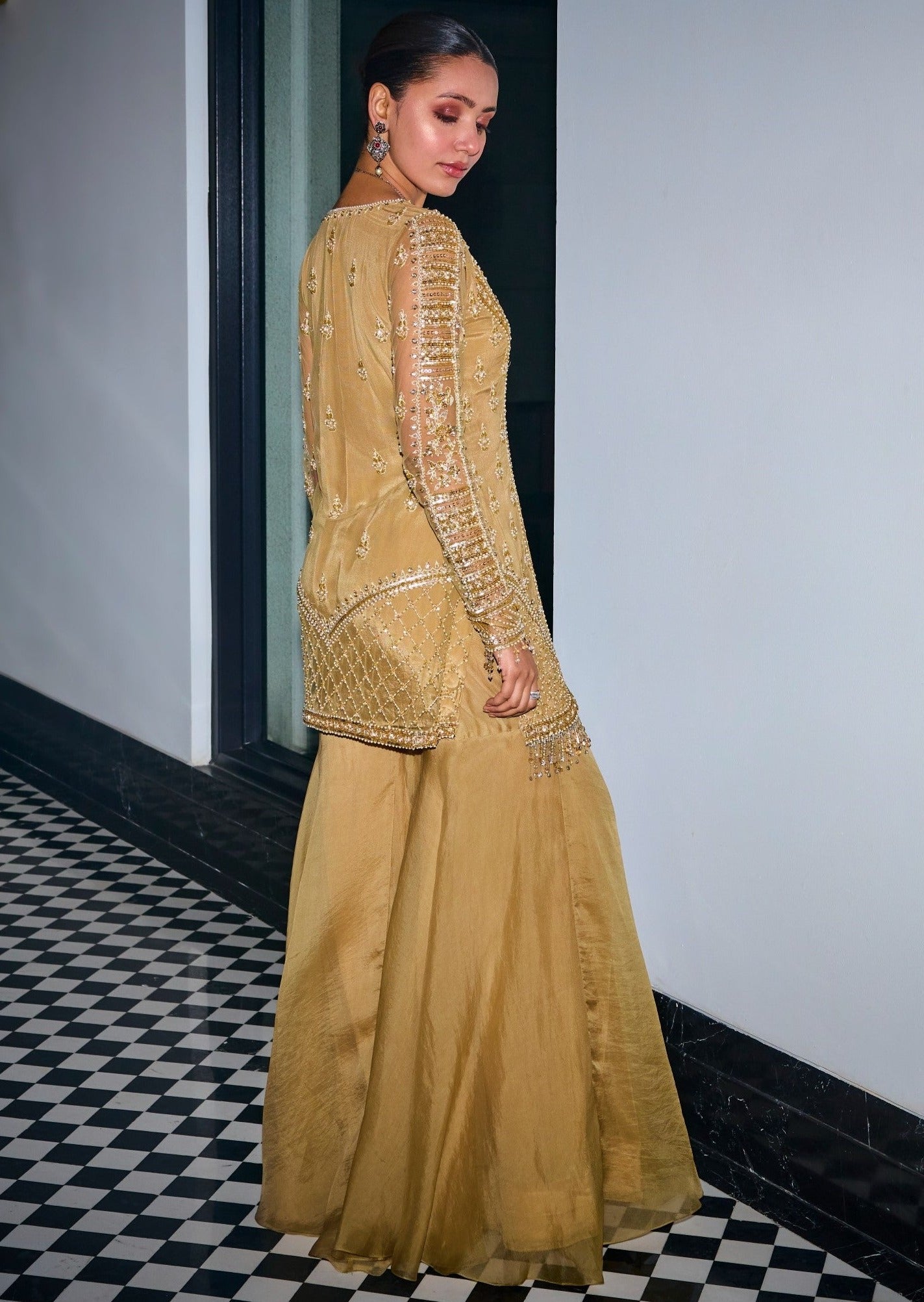 Gold Tonal Embroidered Sharara Set