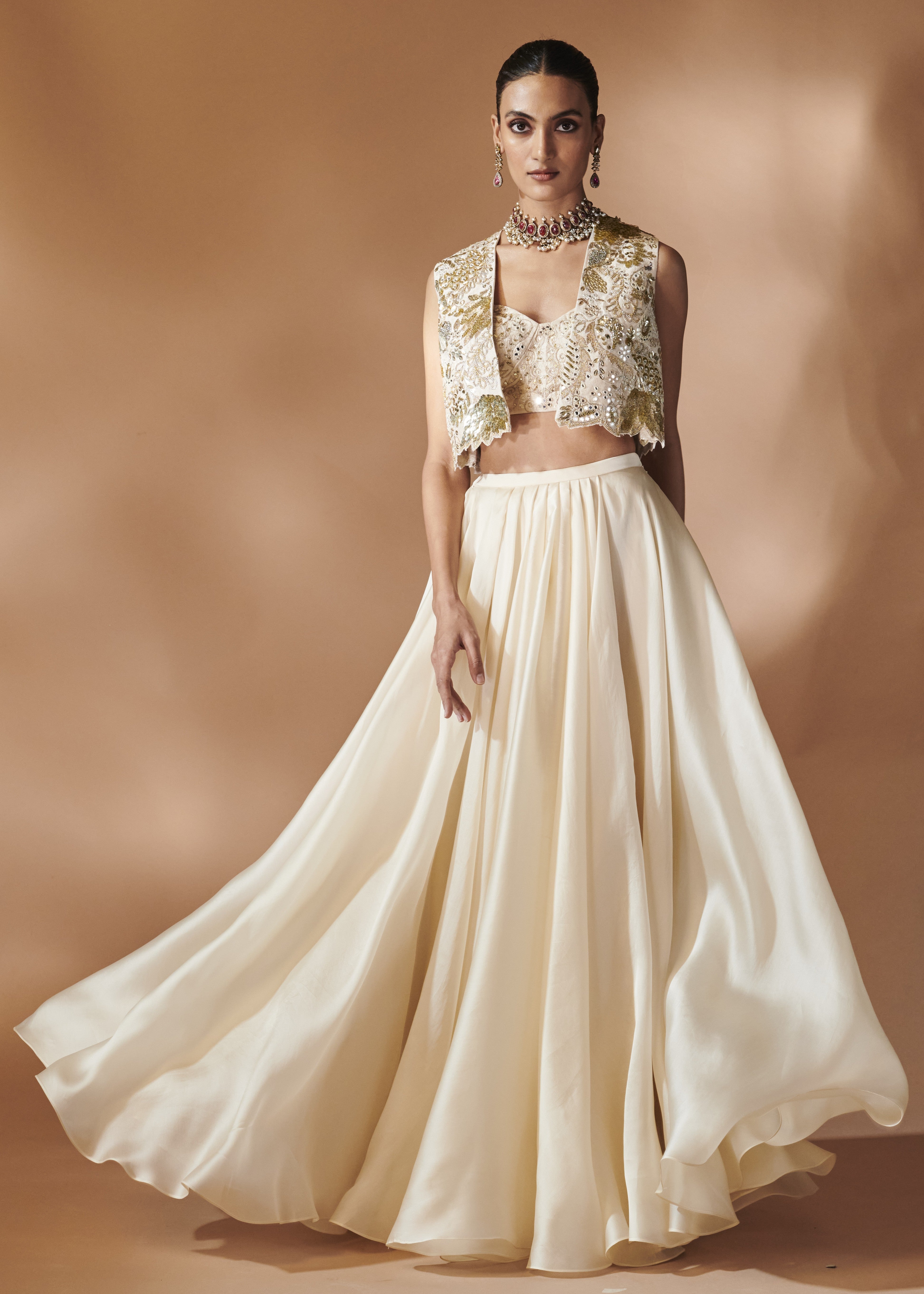 Ivory Organza Skirt With An Embroidered Blouse And Jacket