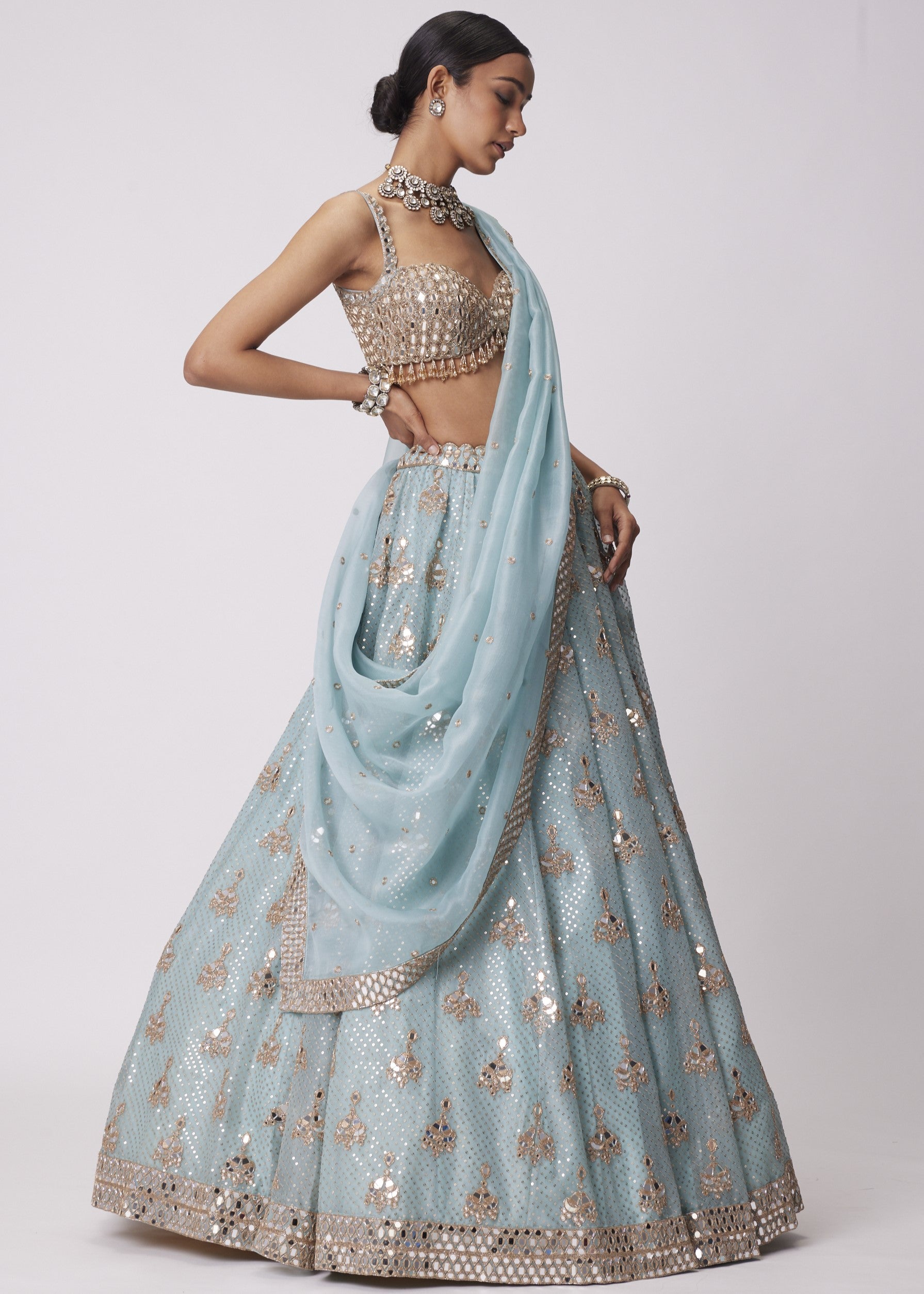 Powder Blue Organza Sequin Embroidered Lehenga Set