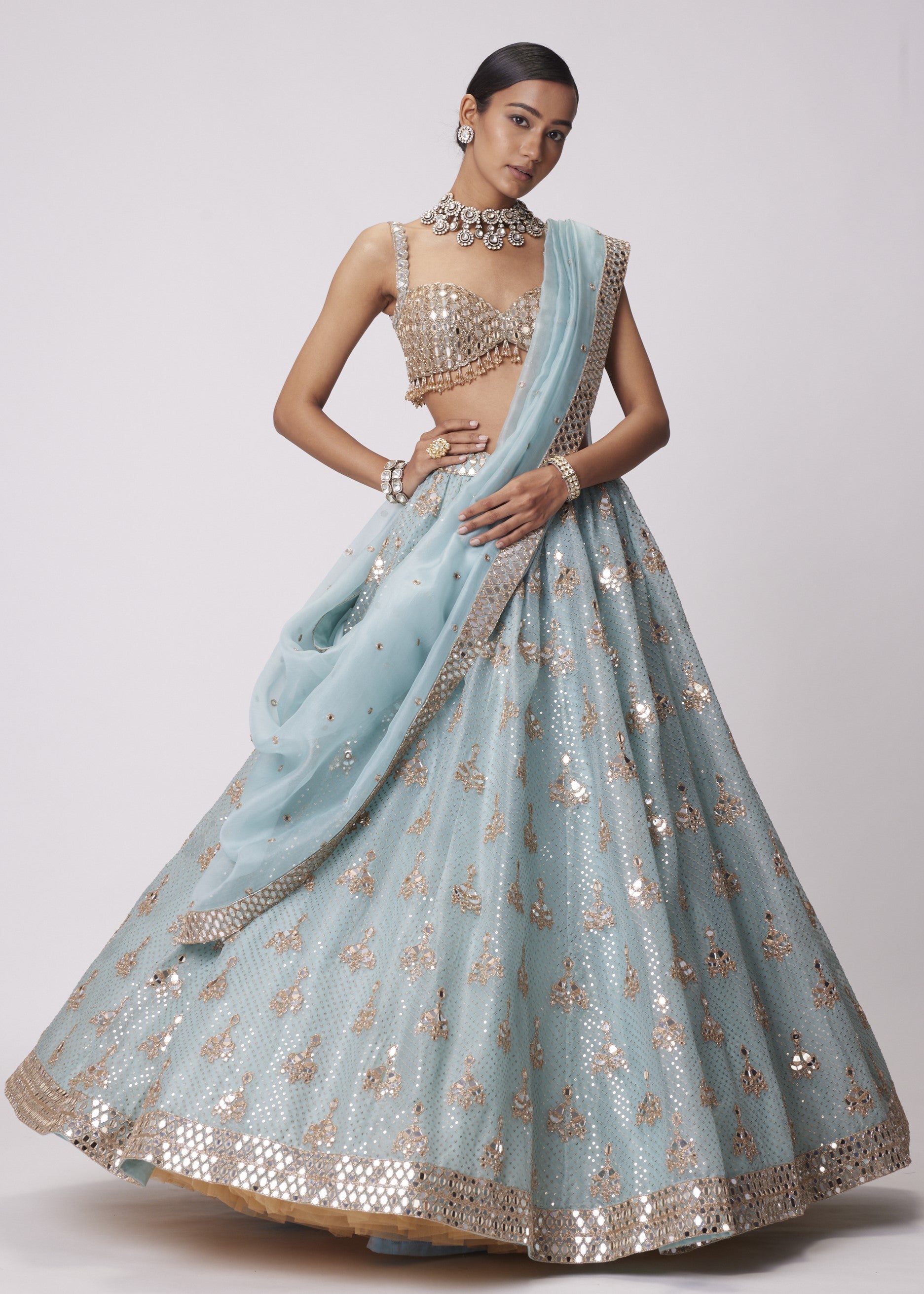 Powder Blue Organza Sequin Embroidered Lehenga Set