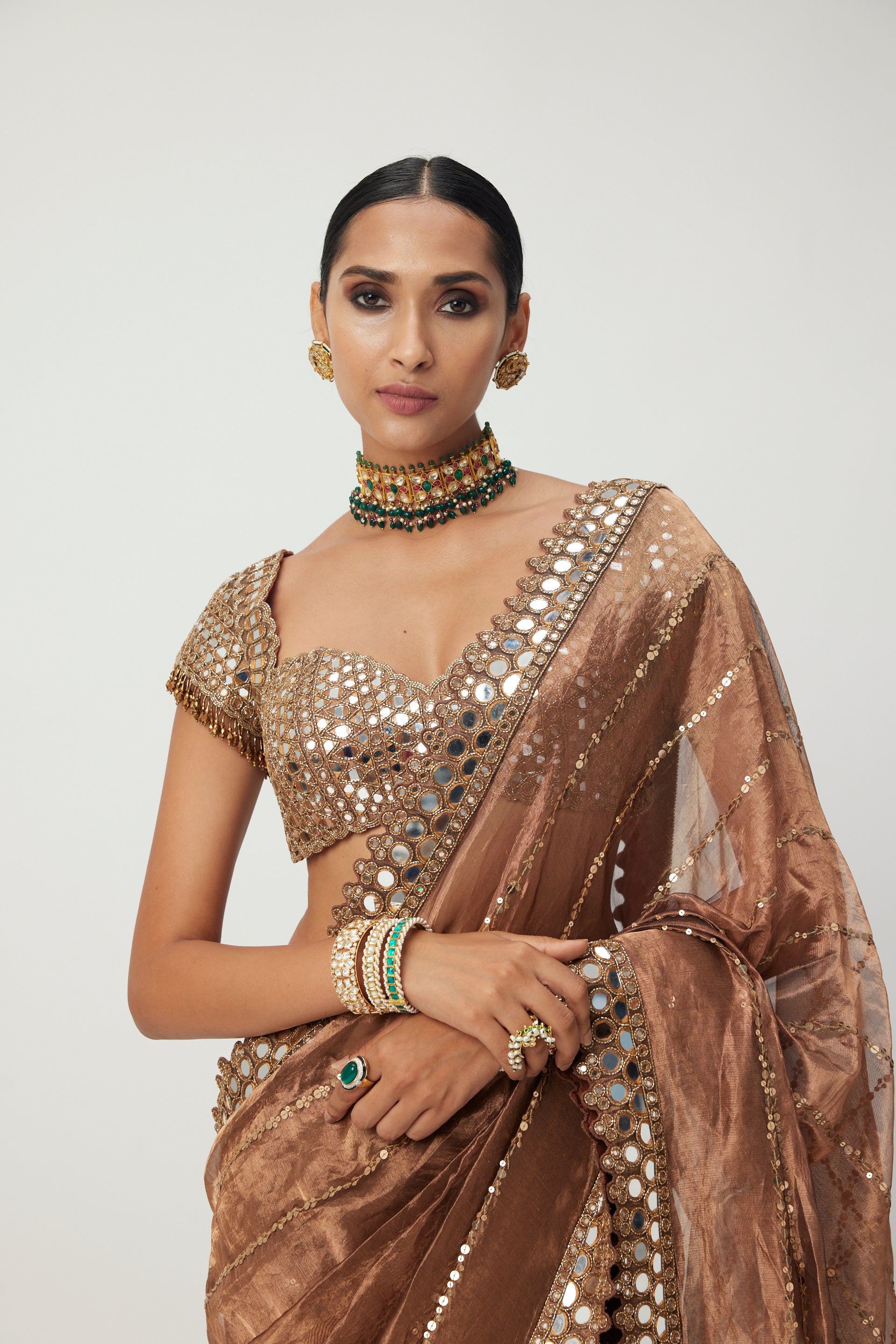 Copper Shimmer Organza Sari Set