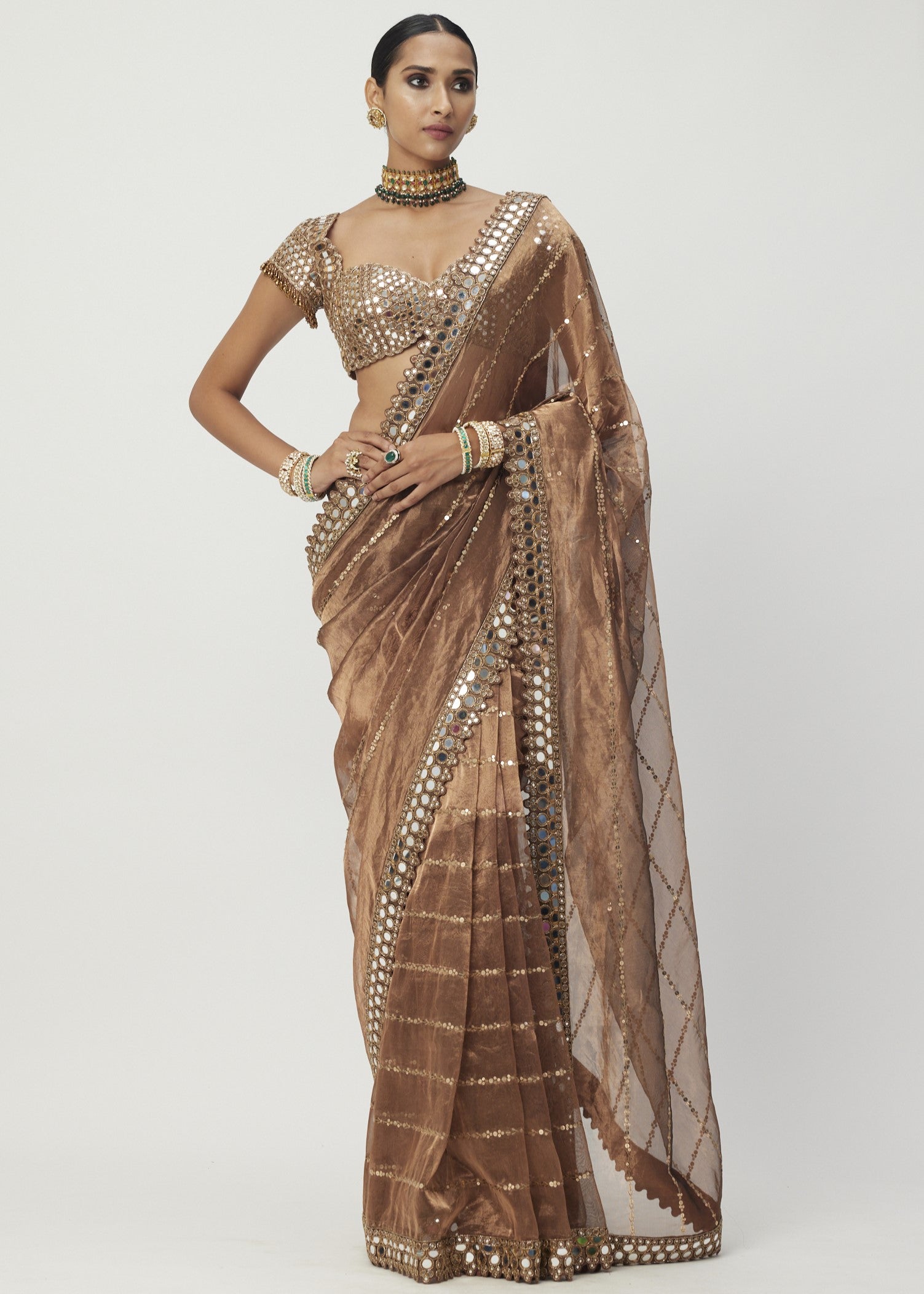 Copper Shimmer Organza Sari Set