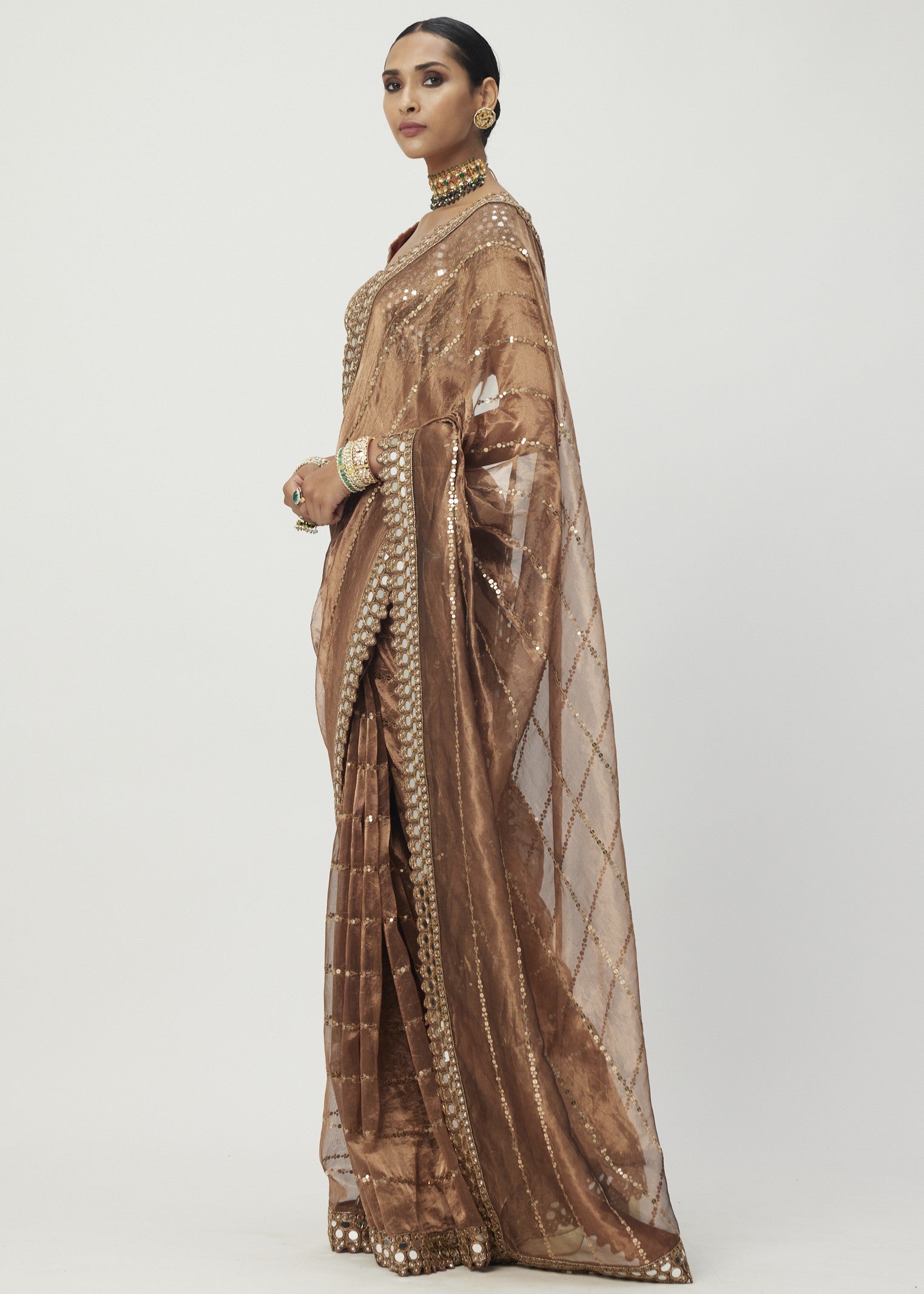 Copper Shimmer Organza Sari Set