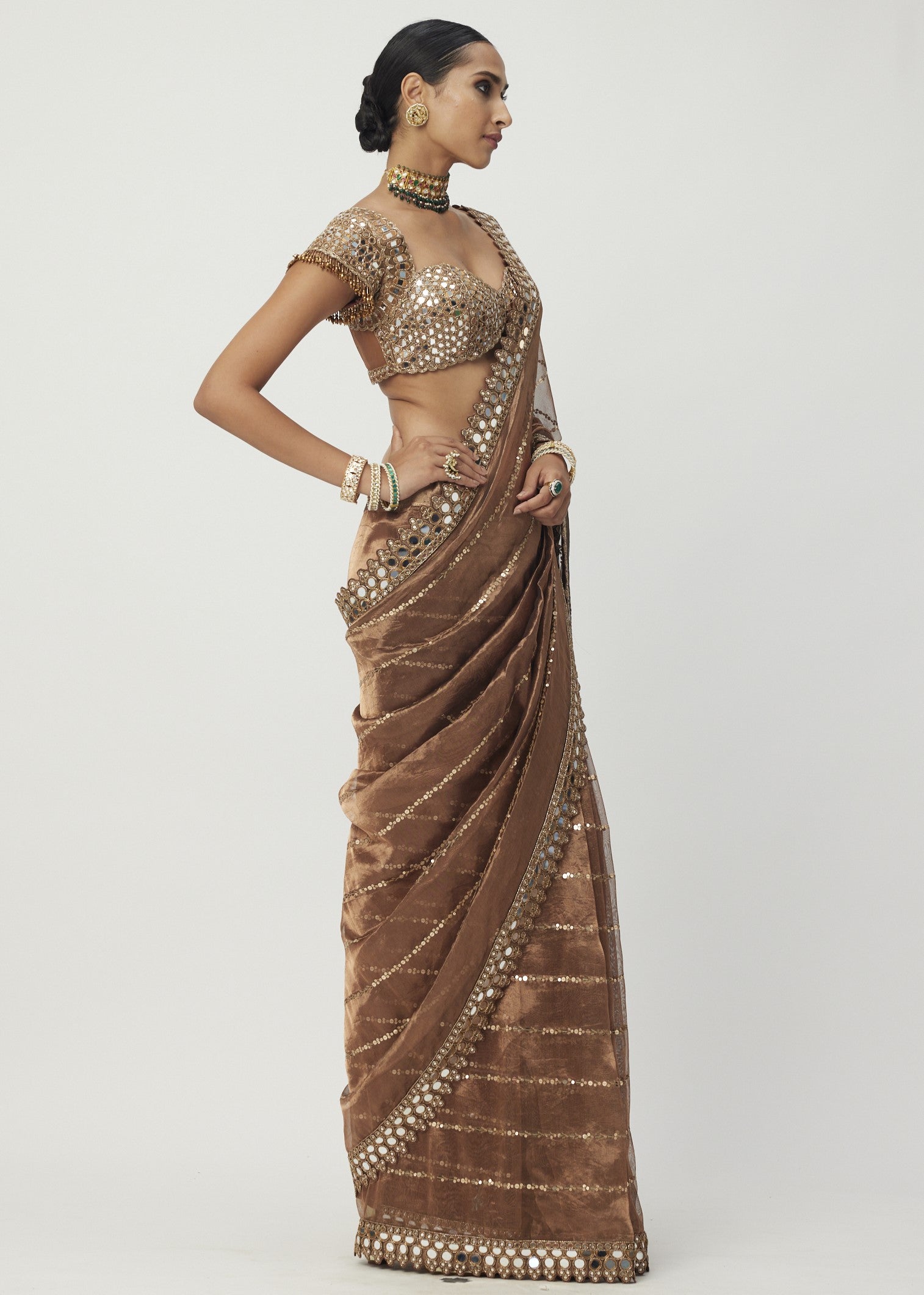 Copper Shimmer Organza Sari Set