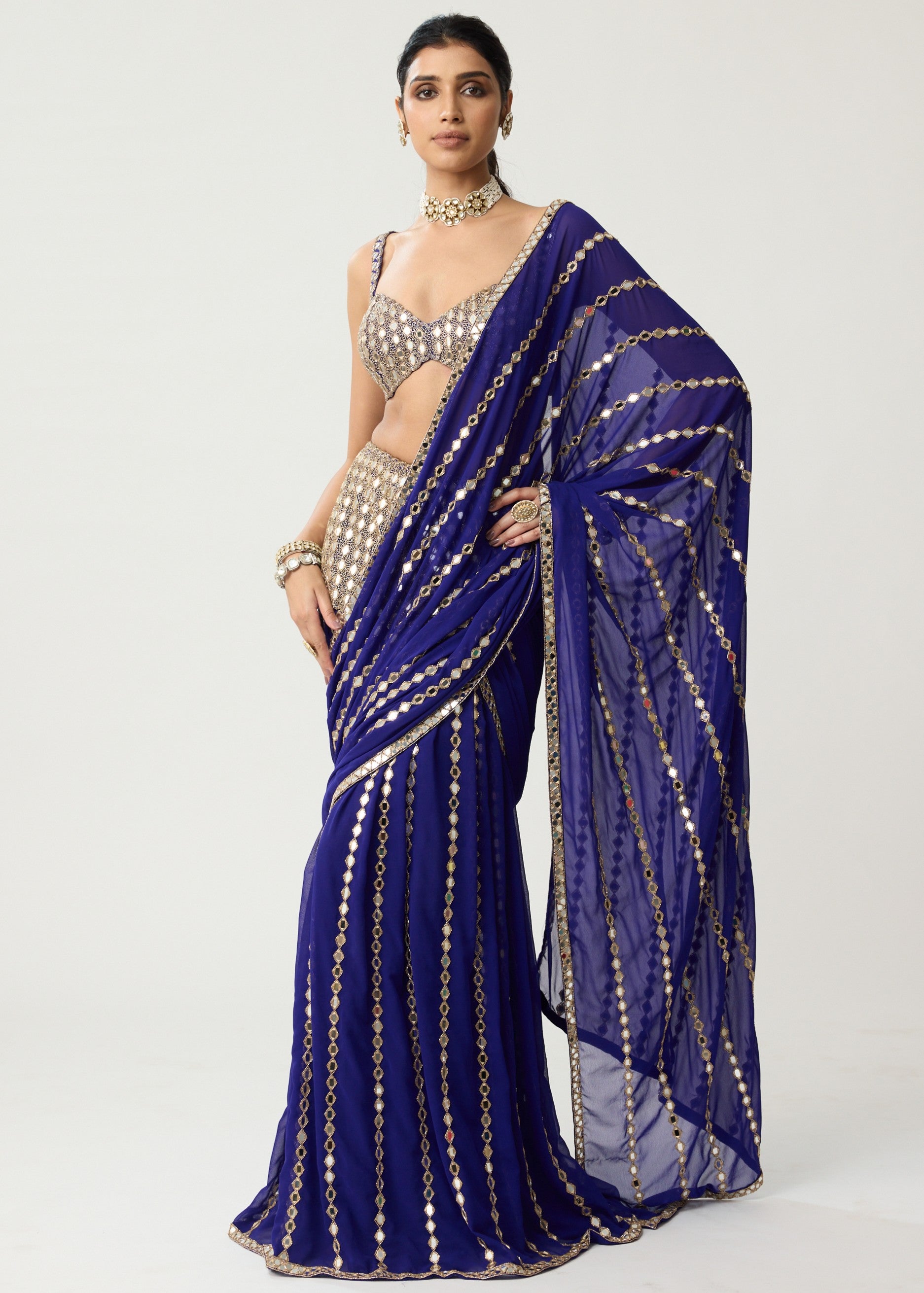 Persian Blue Fitted Linear Mirror Sari Set