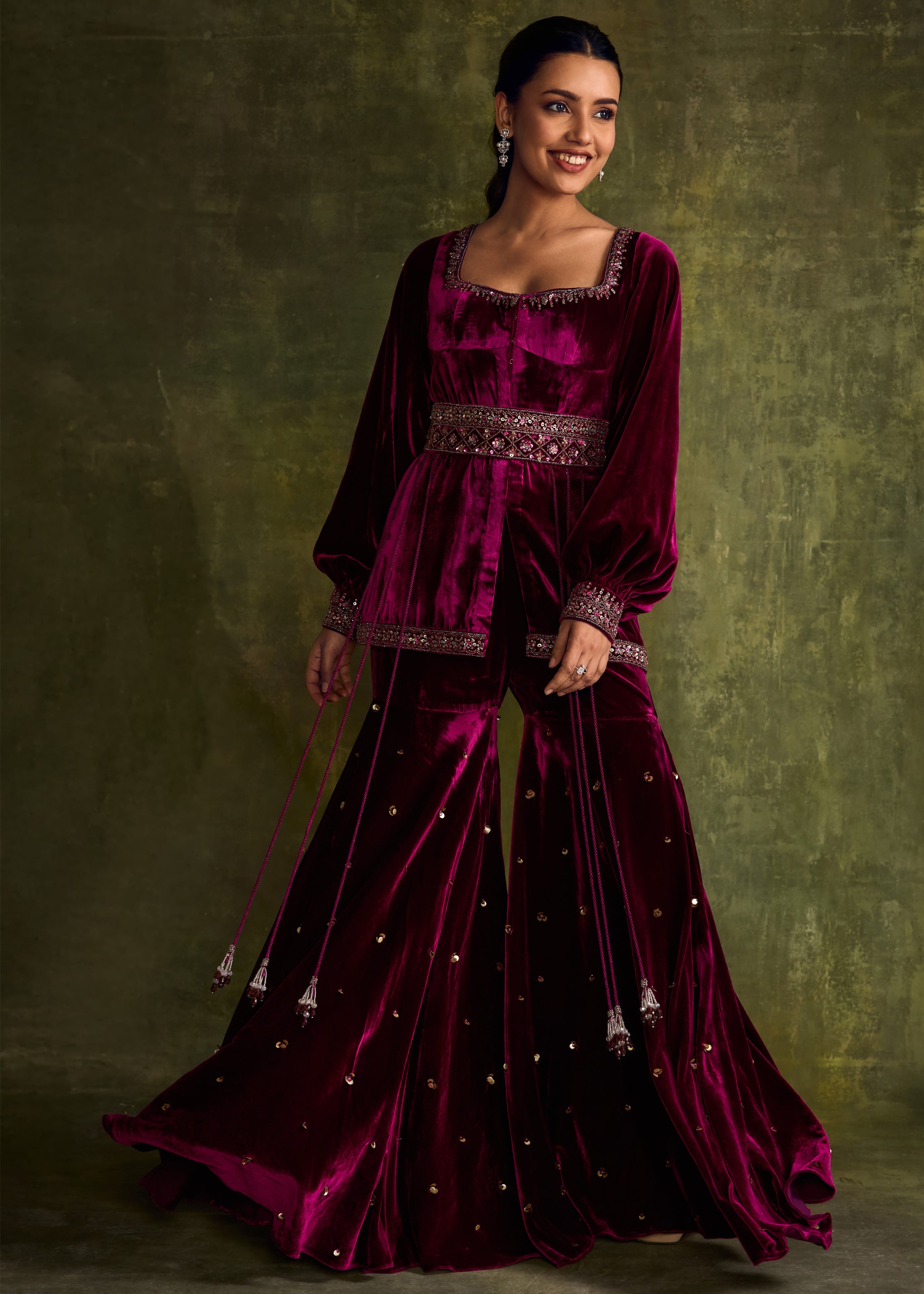 Mulberry Velvet Peplum And Sharara Set