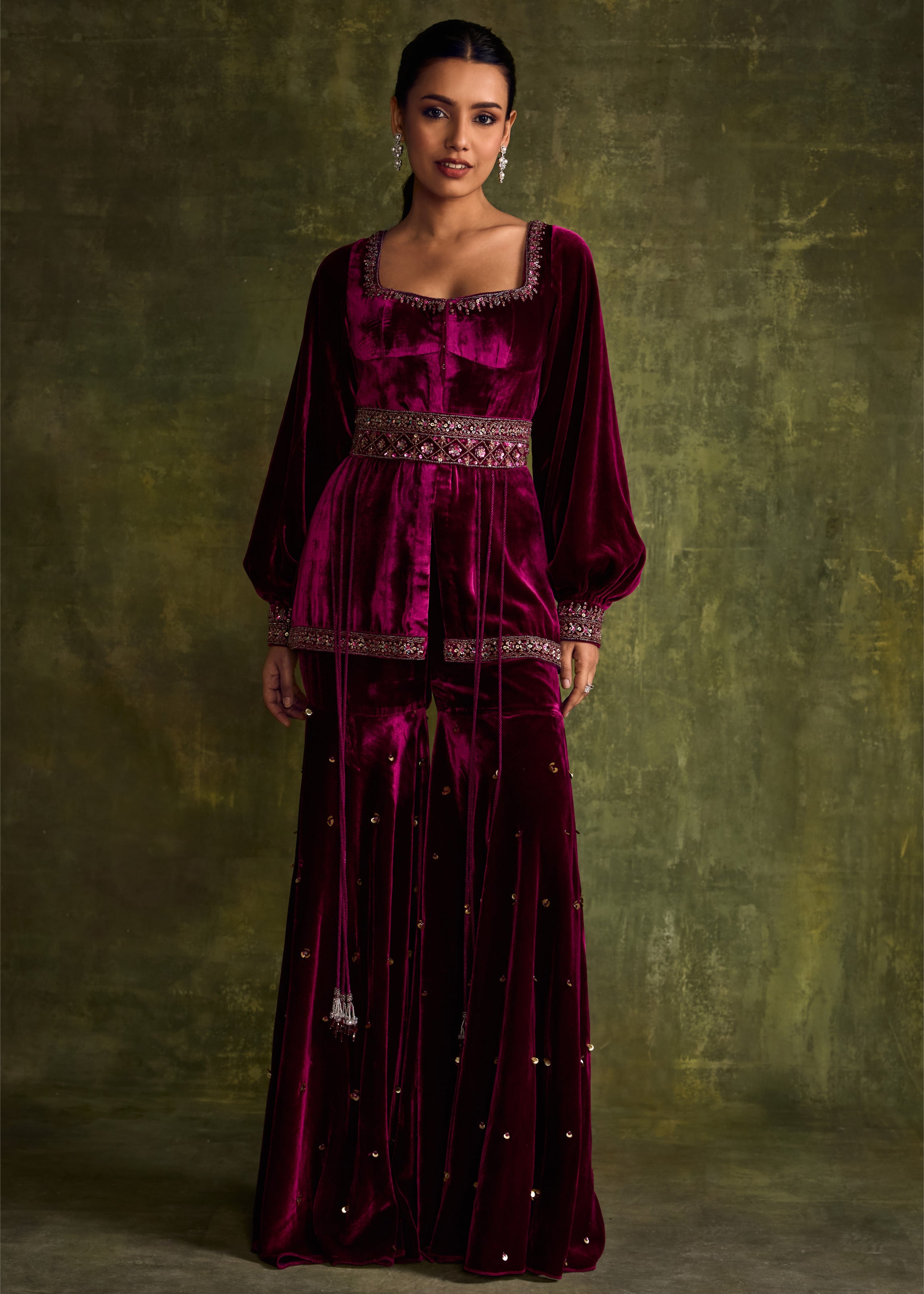 Mulberry Velvet Peplum And Sharara Set