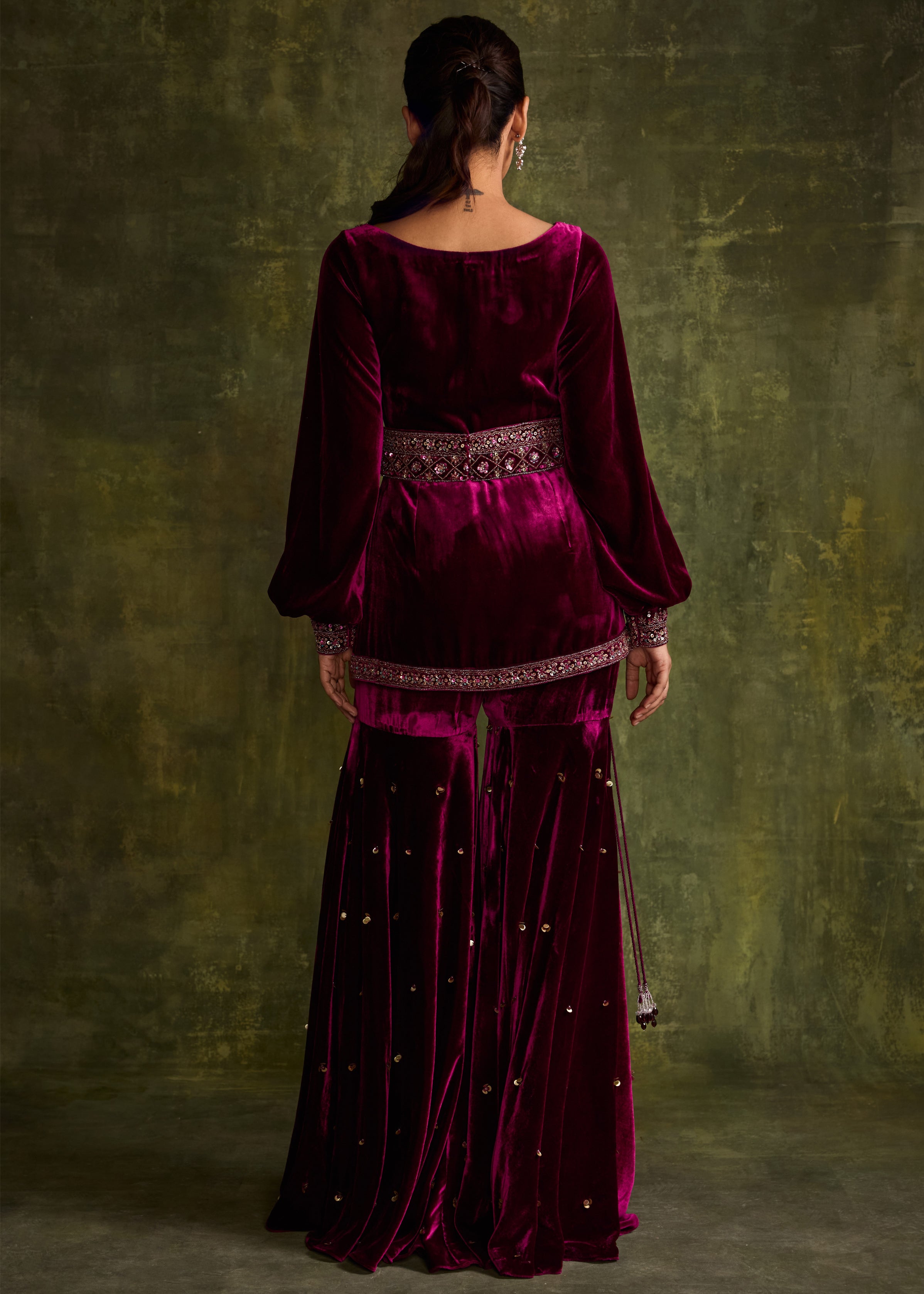 Mulberry Velvet Peplum And Sharara Set