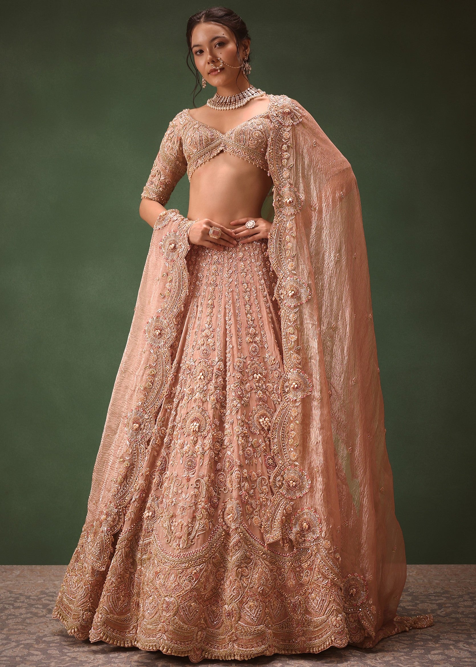 Peach Brocade Embroidered Bridal Lehenga