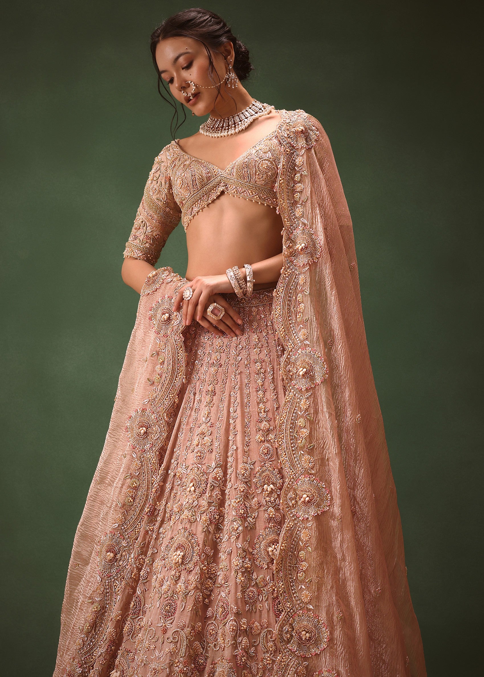 Peach Brocade Embroidered Bridal Lehenga