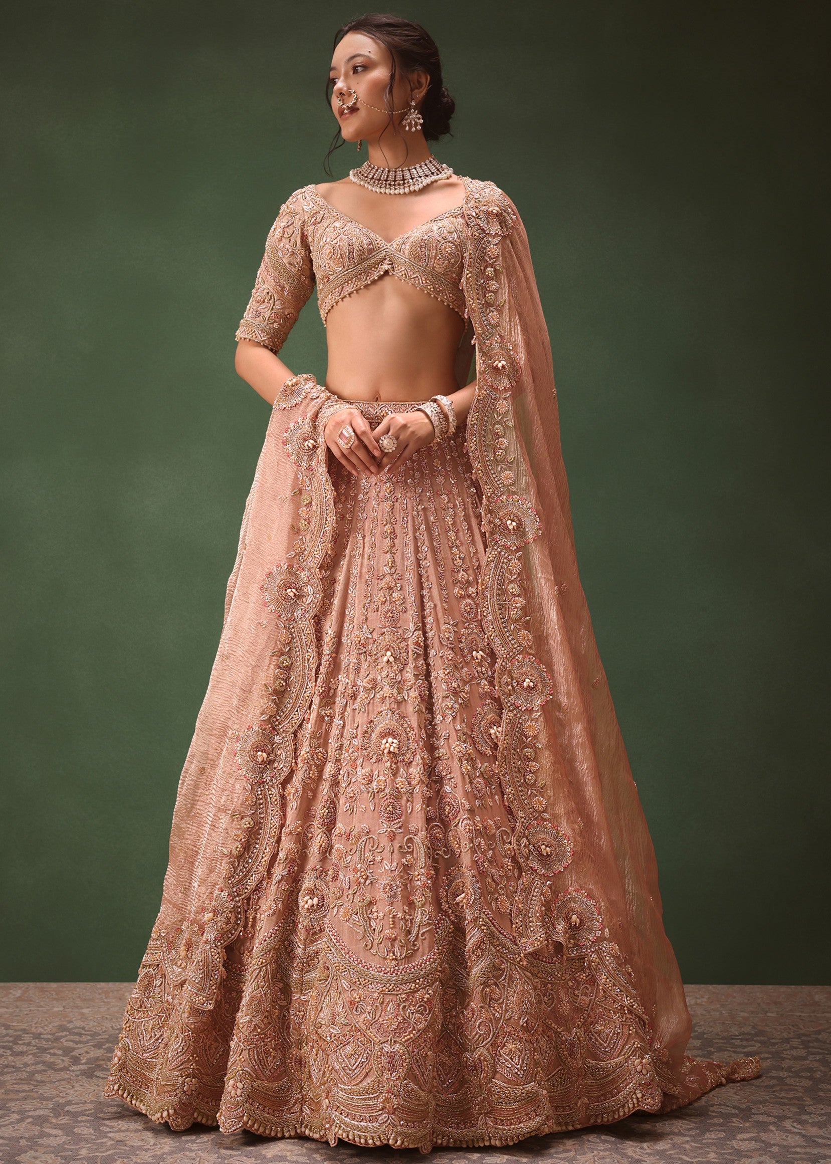 Peach Brocade Embroidered Bridal Lehenga