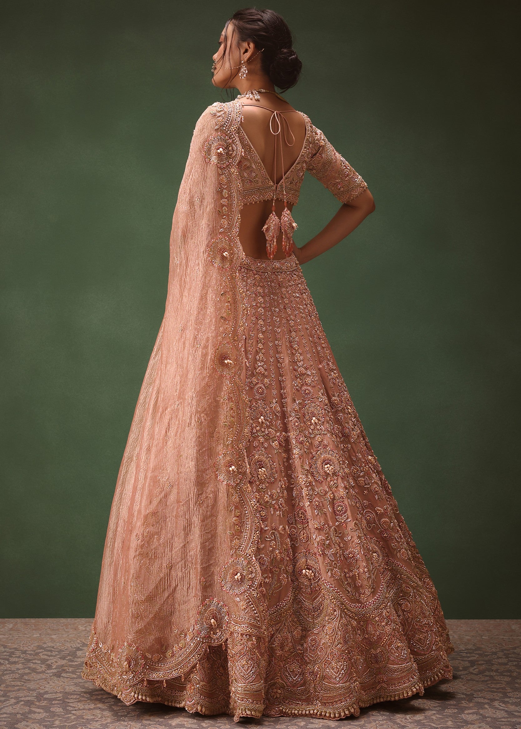 Peach Brocade Embroidered Bridal Lehenga