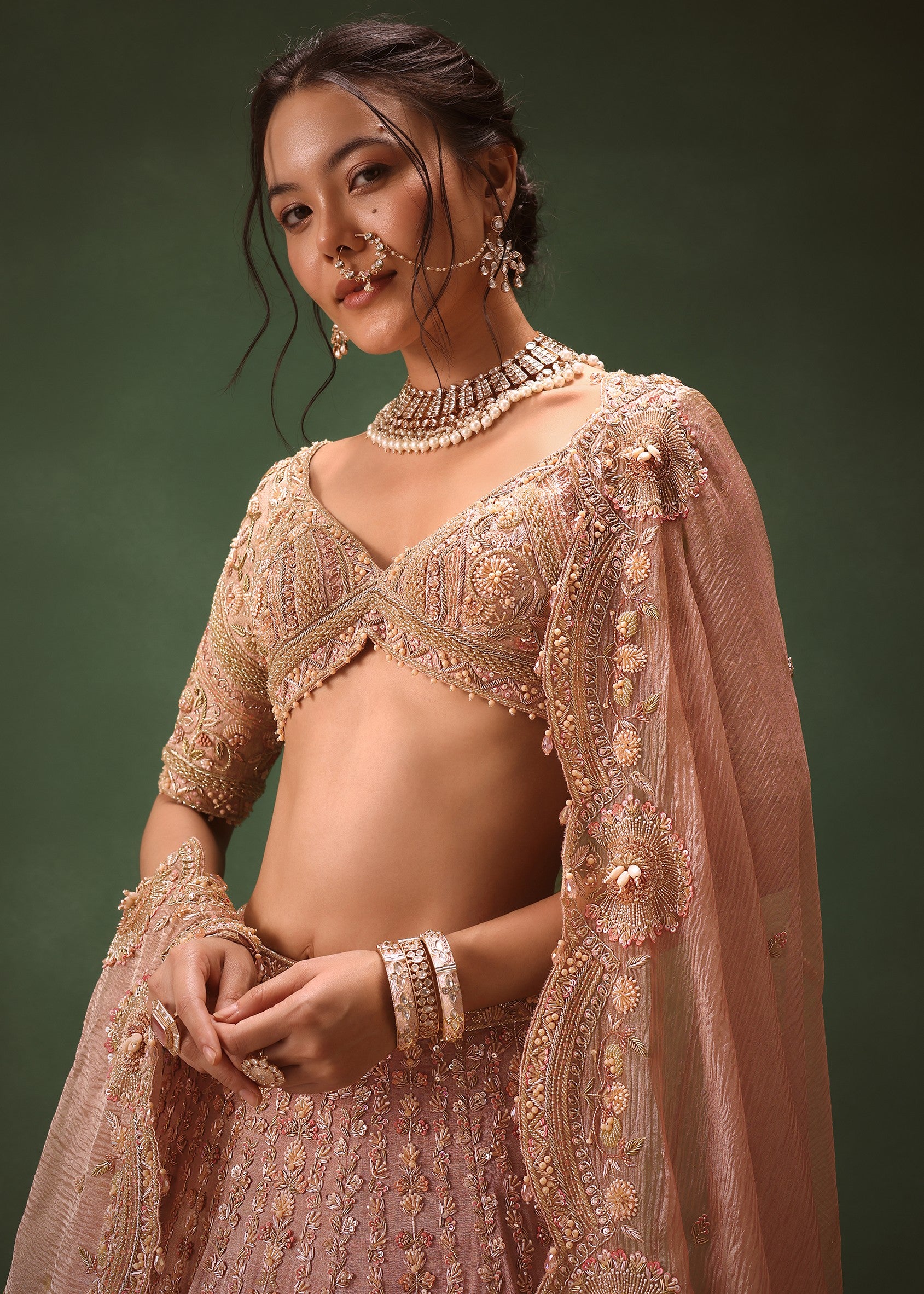 Peach Brocade Embroidered Bridal Lehenga
