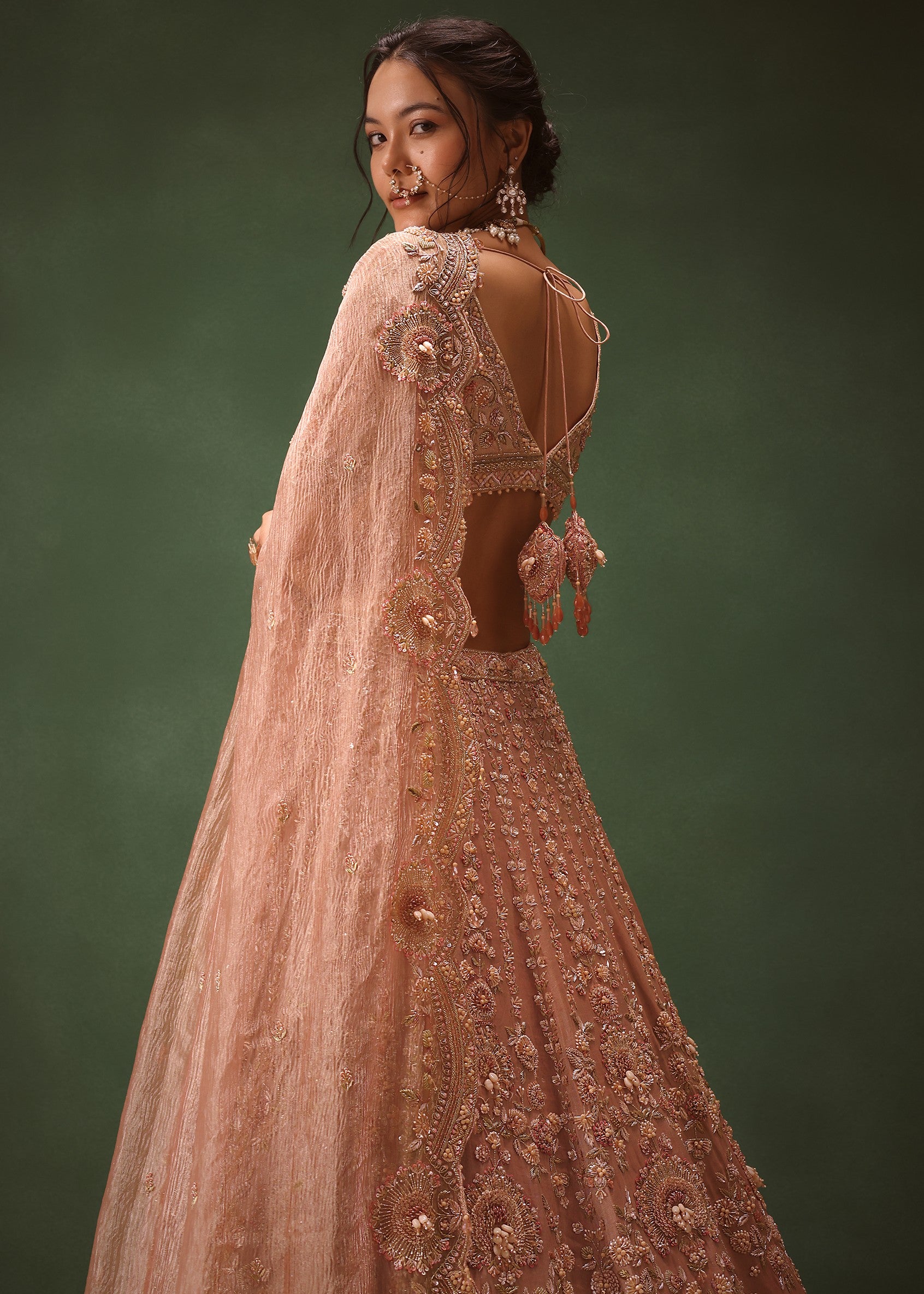 Peach Brocade Embroidered Bridal Lehenga