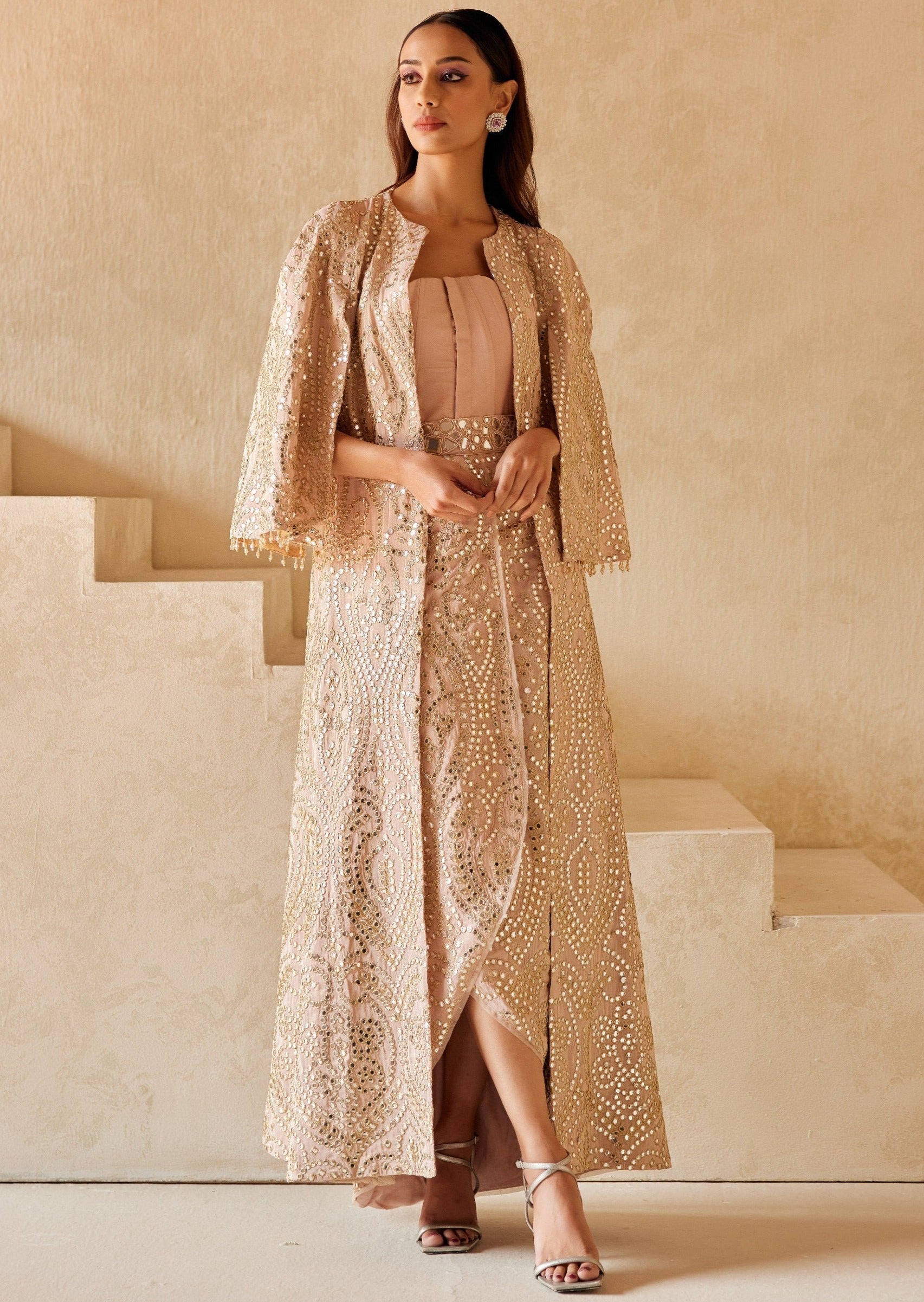 Long Overlap Skirt With Long Jacket And String Corset Set